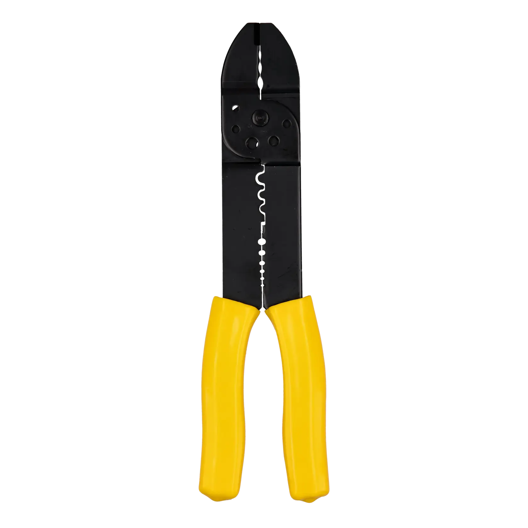 STANLEY STHT0-75414 wire stripper with yellow handles, front angle, on white background.