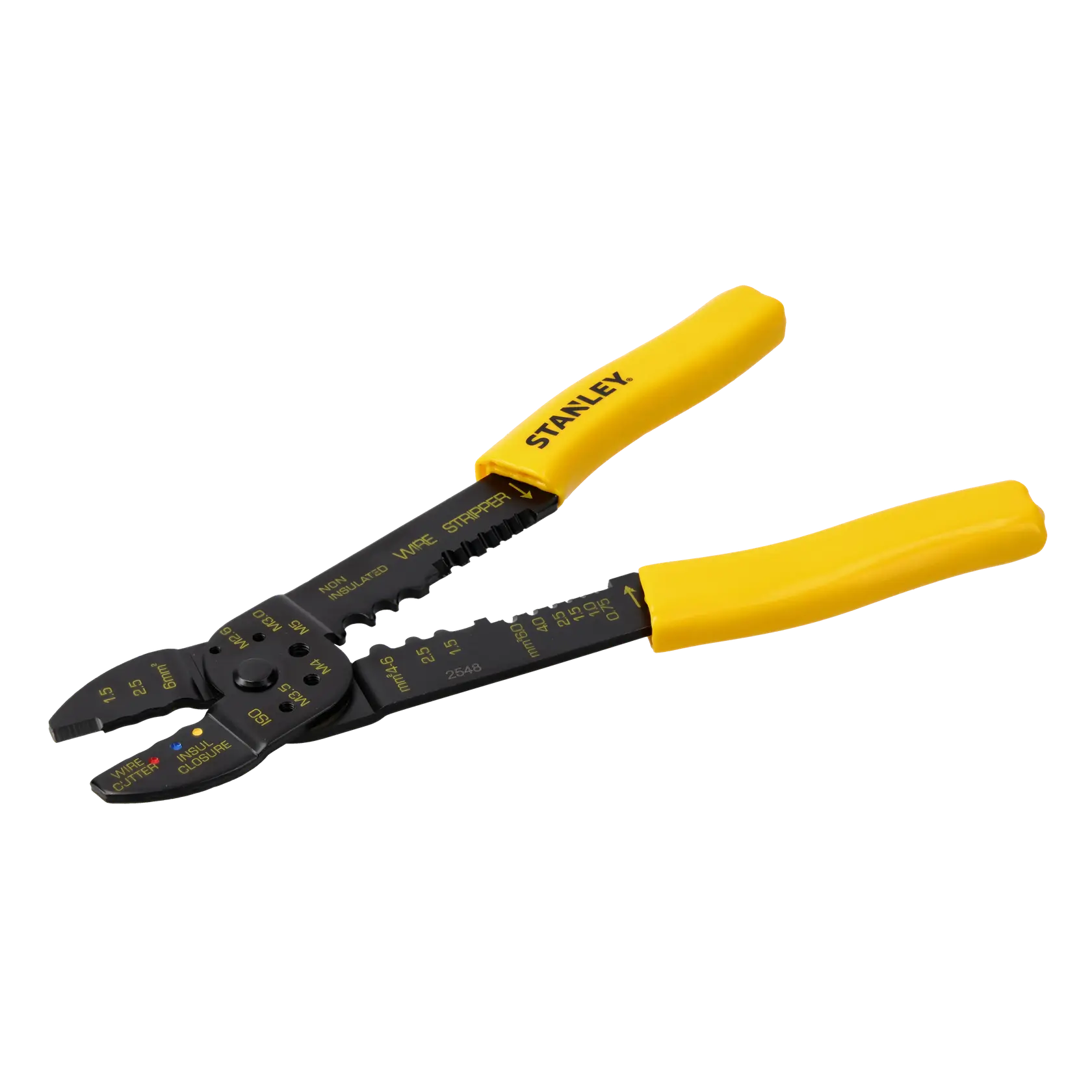 STANLEY STHT0-75414 wire stripper tool with yellow handles, side angle, on white background.