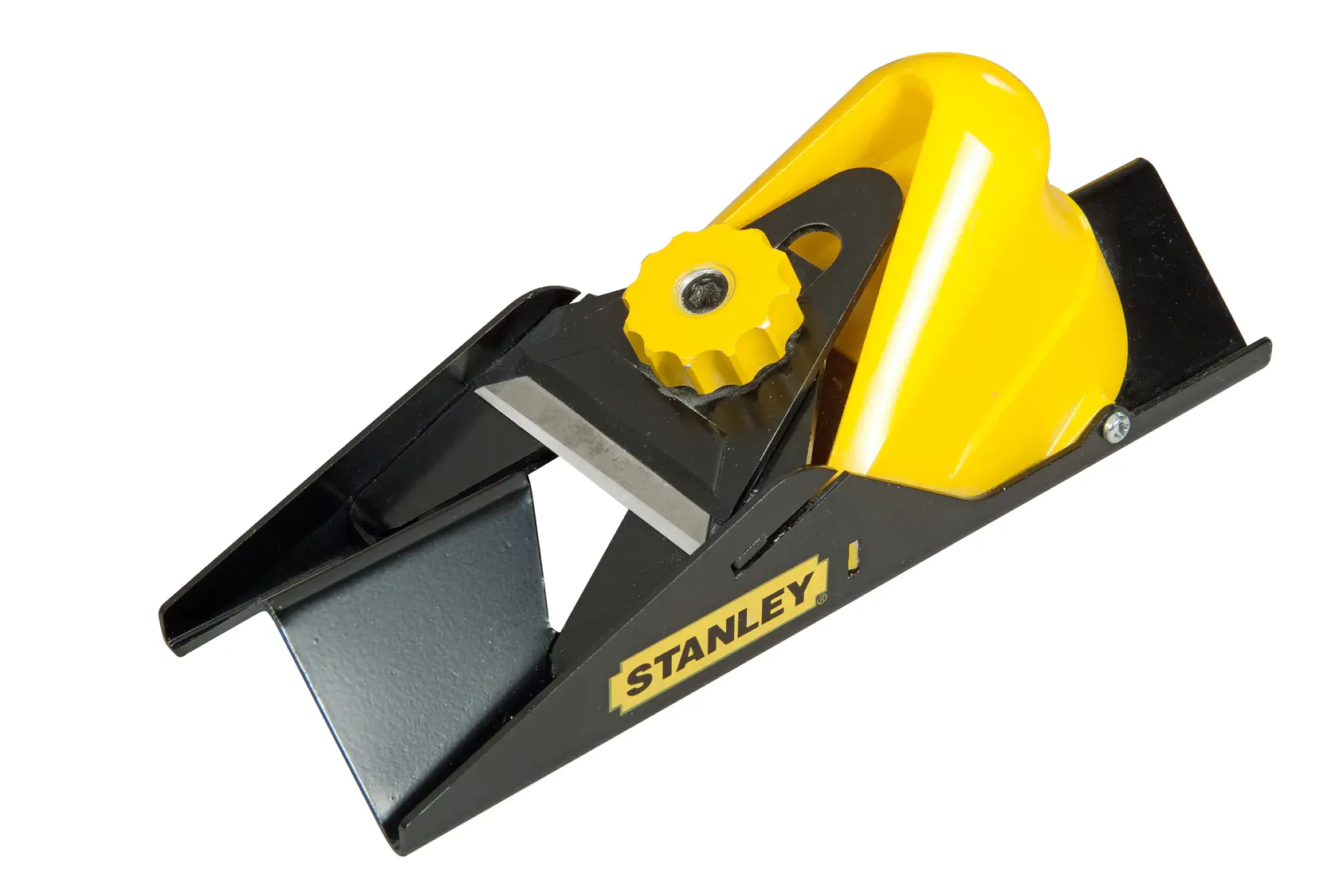 Stanley block plane tool with yellow knob and black metal body for woodworking.