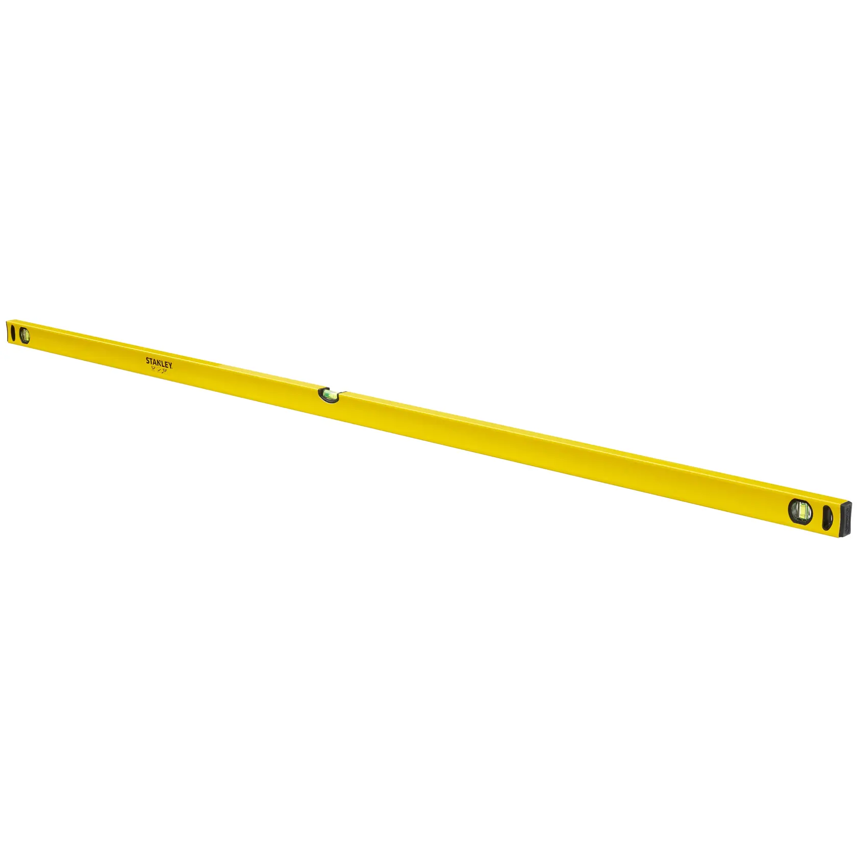 Yellow Stanley spirit level tool with three bubble vials, used for checking level surfaces in construction.