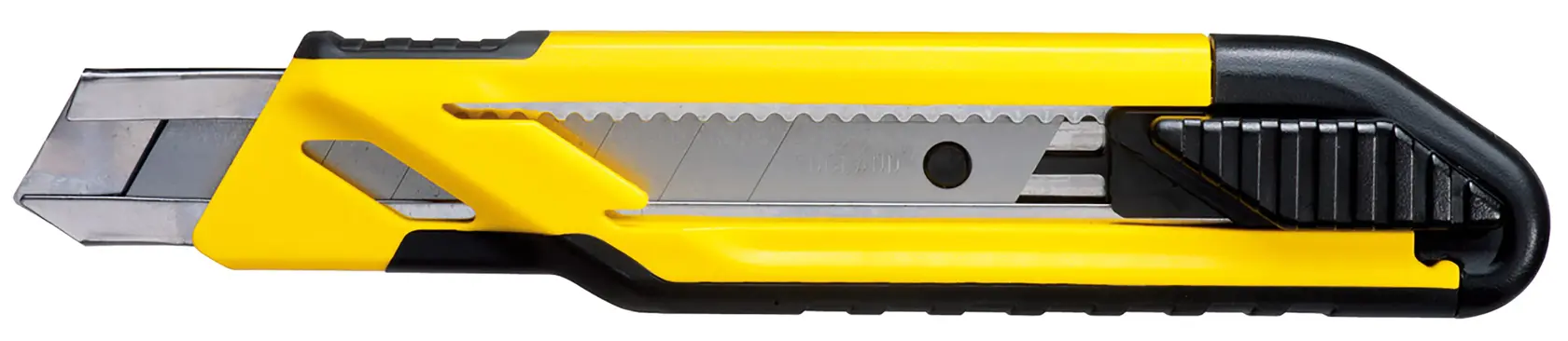 STANLEY STHT10266-0 gelbes und schwarzes Universalmesser seitlich auf weißem Hintergrund.