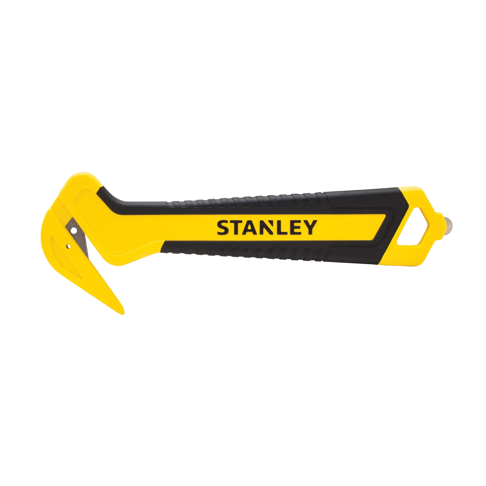 STANLEY STHT10356-0 Sicherheitsmesser mit gelbem und schwarzem Griff, Seitenansicht auf weißem Hintergrund.