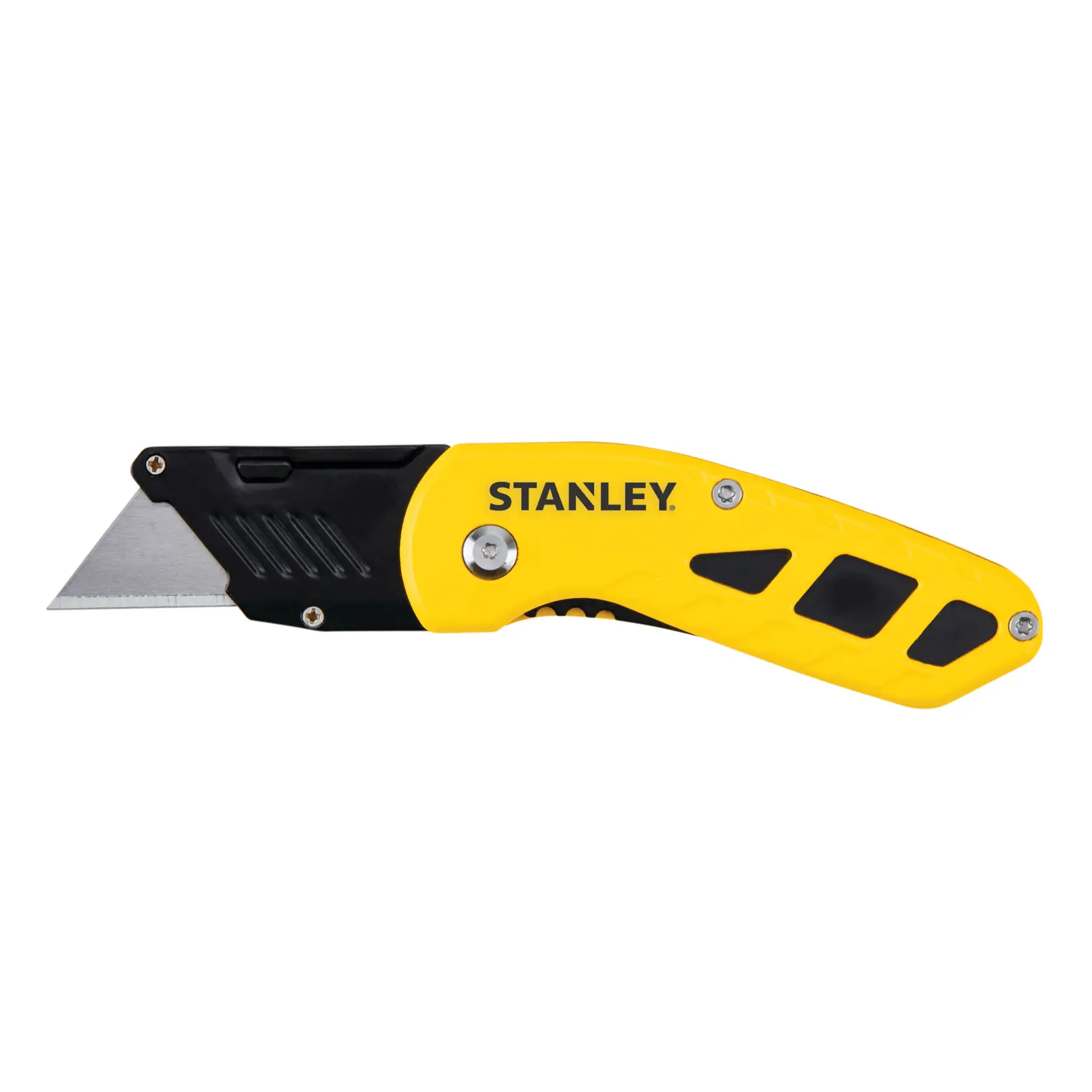 STANLEY STHT10424-0 utility knife, yellow and black handle, left side view, blade extended.