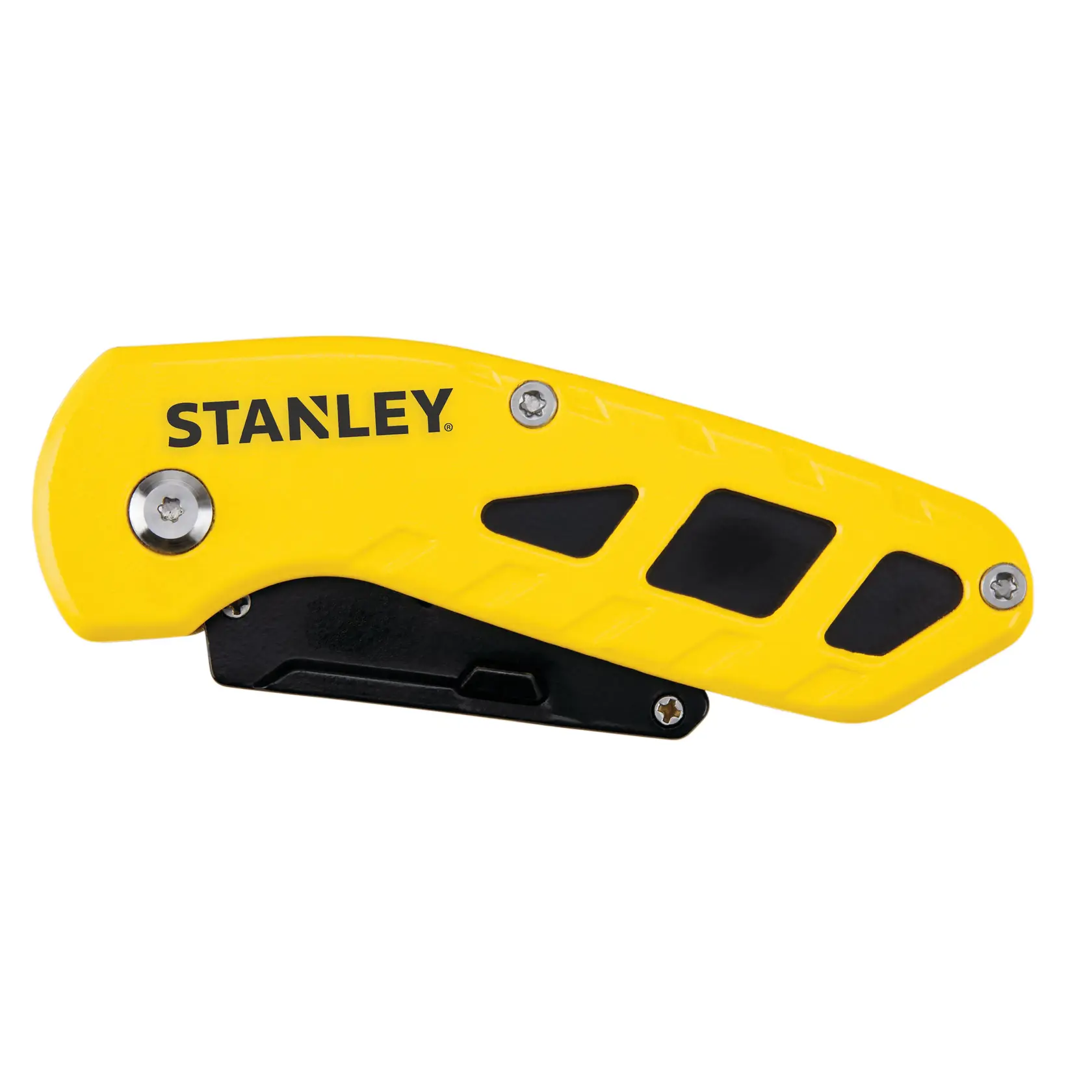 STANLEY STHT10424-0 folding utility knife, yellow and black handle, product side view on white background.