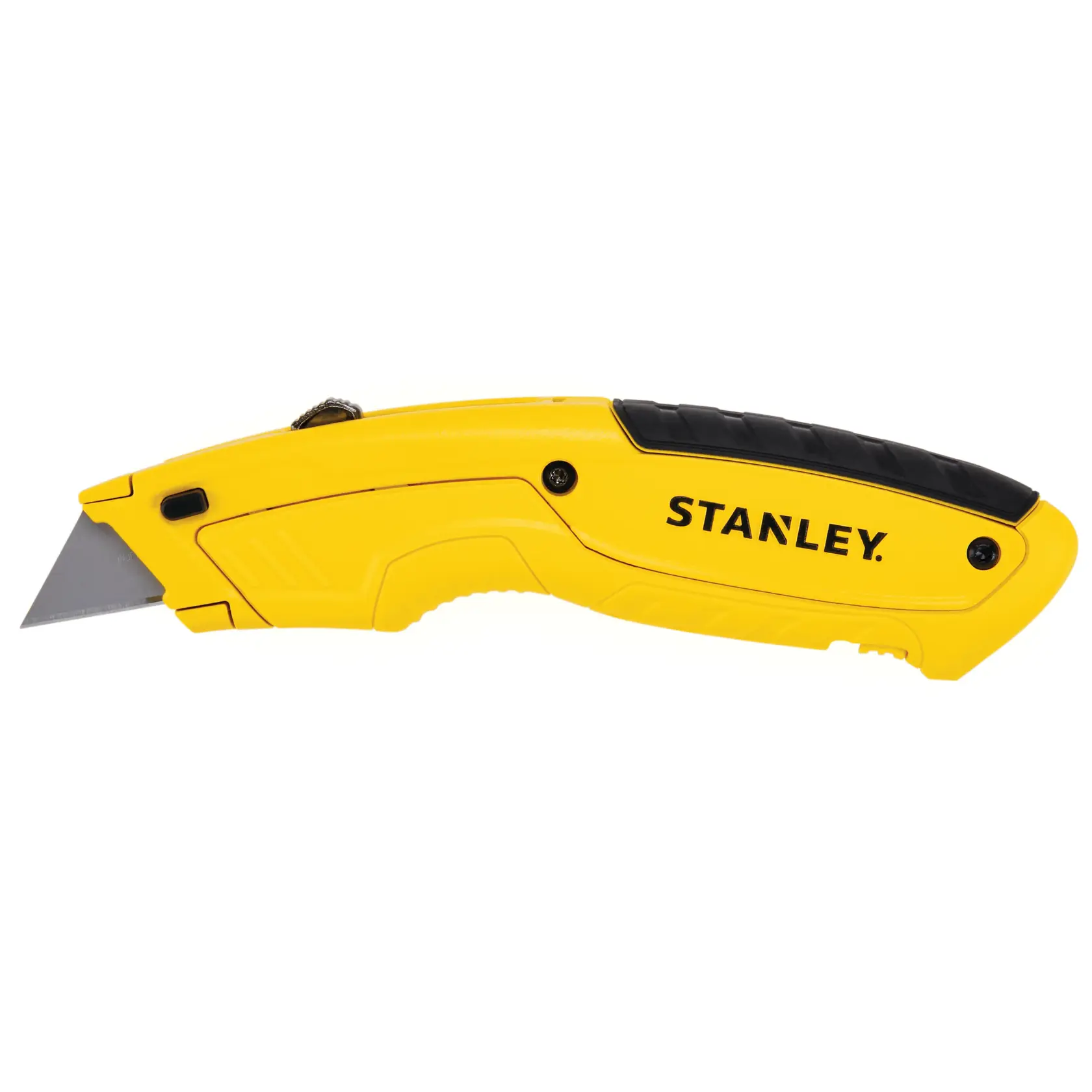 STANLEY STHT10430-0 yellow utility knife, side view, with black grip and exposed blade.