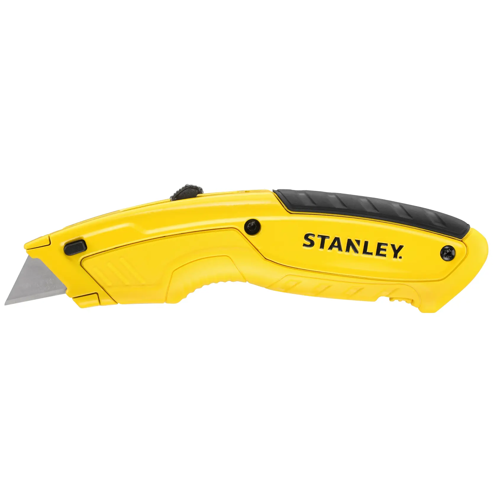 STANLEY STHT10430-0 yellow utility knife, left side view, black grip handle, retractable blade.