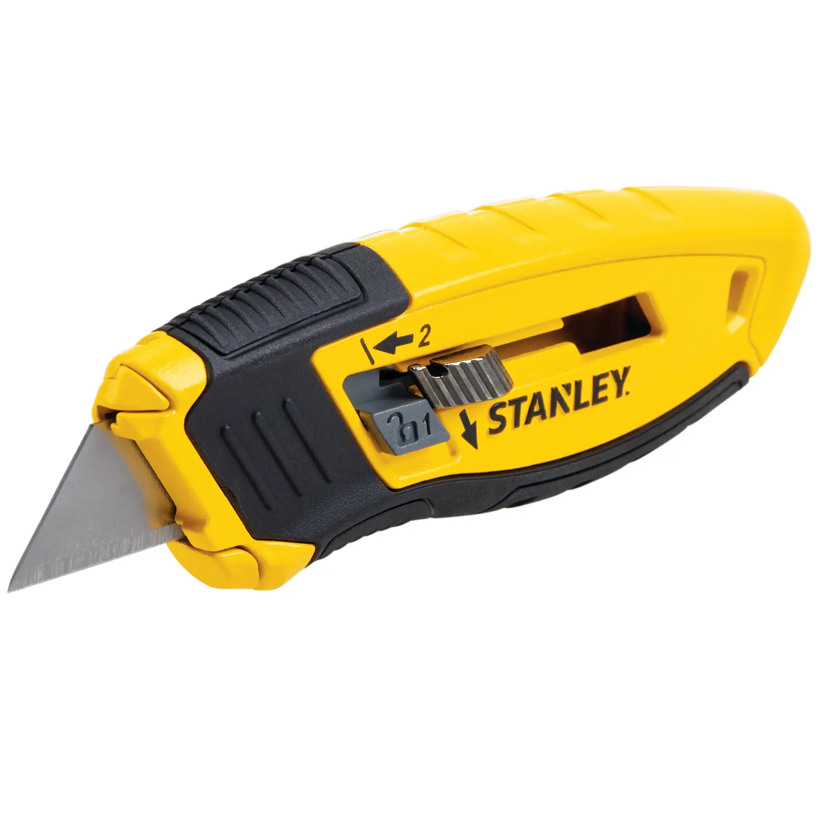 Foto des STANLEY STHT10432-0 Universalmessers, gelb und schwarz, Seitenansicht, mit einziehbarer Klinge und ergonomischem Griff.