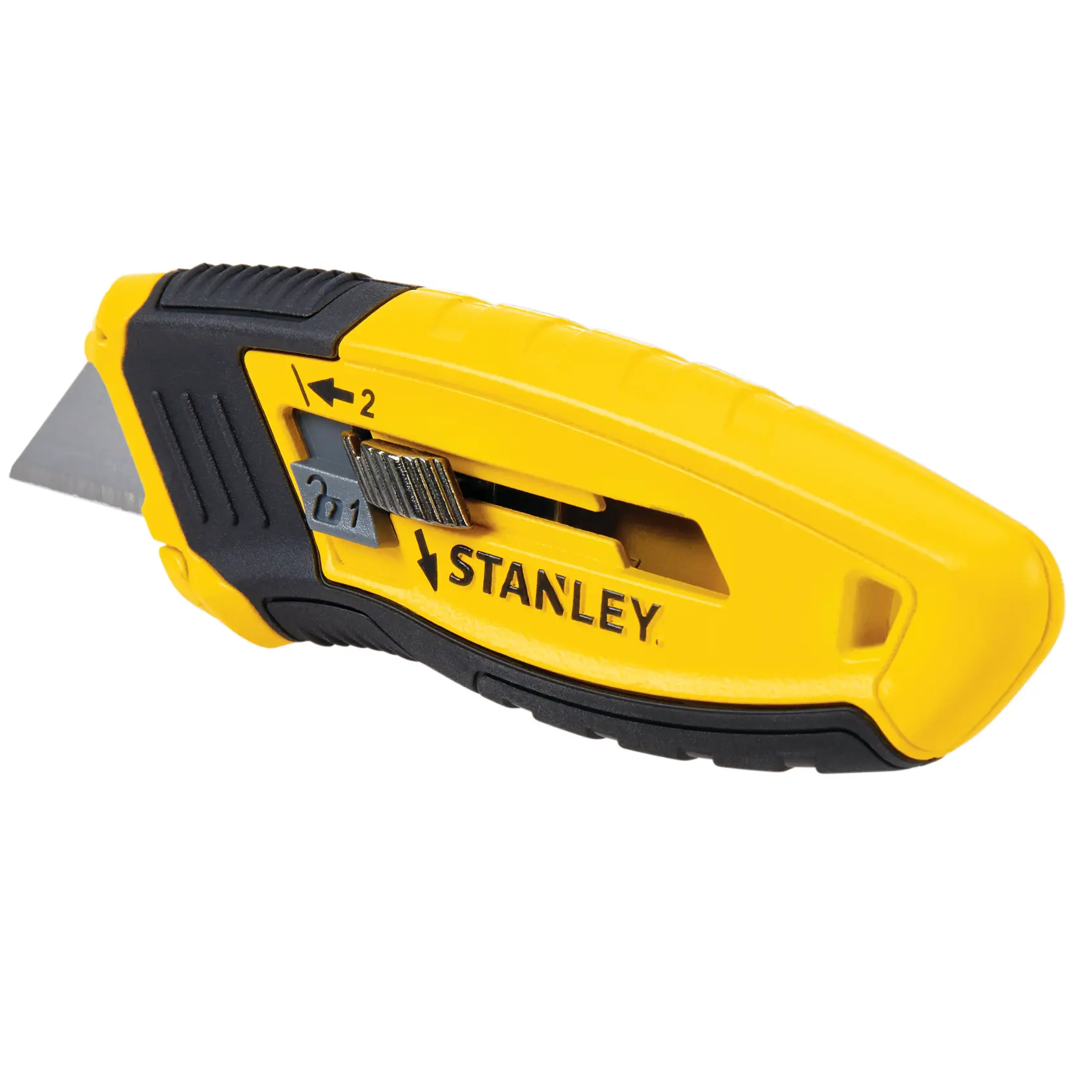 Stanley STHT10432-0 Universalmesser, gelb und schwarz, Seitenansicht auf weißem Hintergrund.