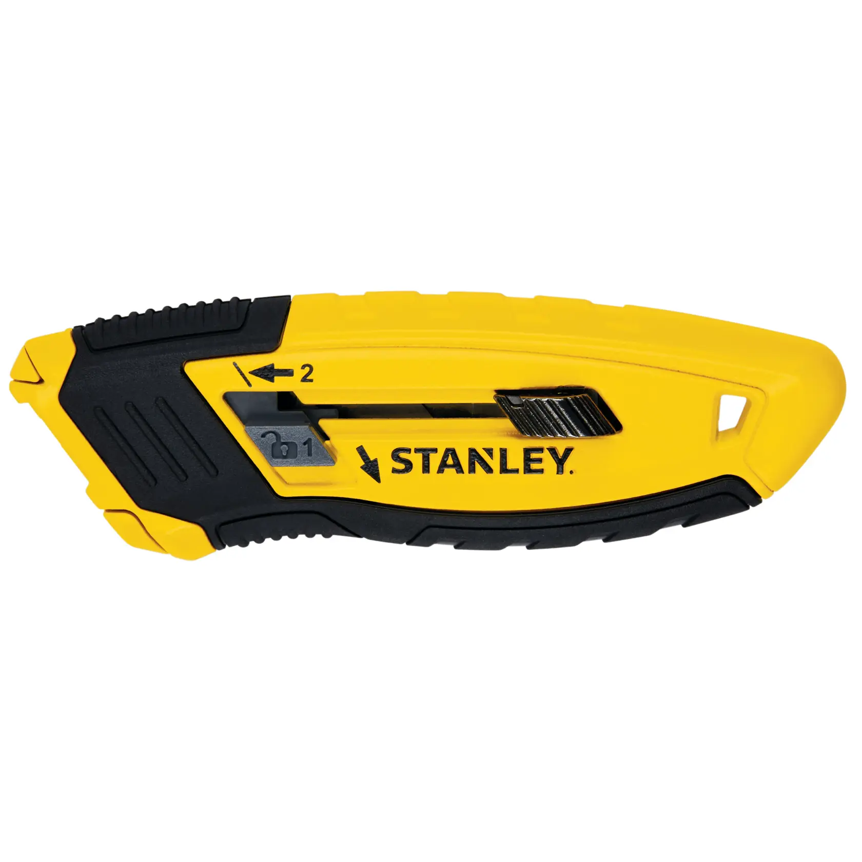 STANLEY STHT10432-0 gelb-schwarzes Klapp-Universalmesser, Seitenansicht auf weißem Hintergrund.