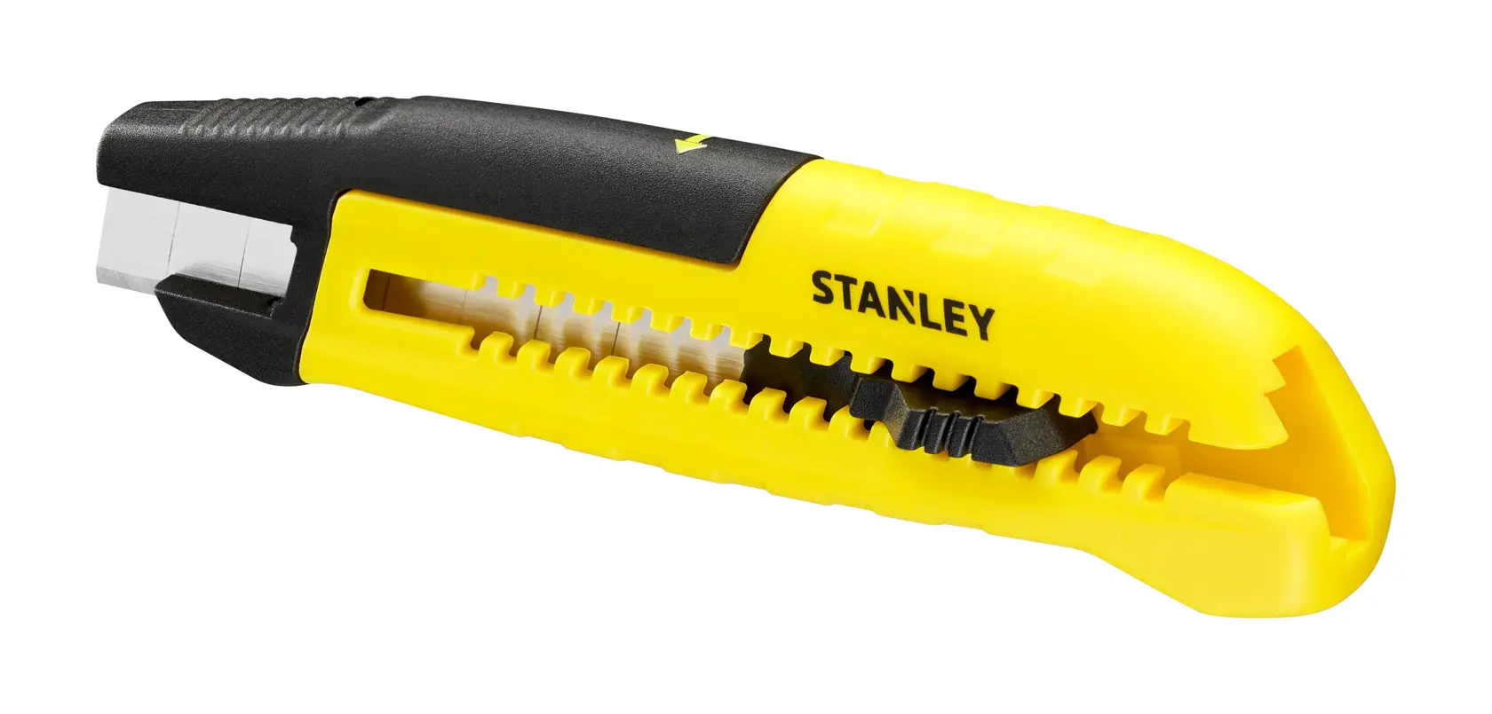STANLEY STHT10489, STHT10489-0 yellow and black snap-off utility knife side view, photography product.