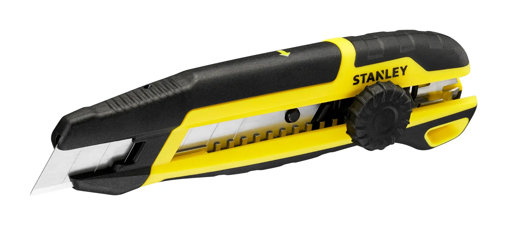 STANLEY STHT10500-0 utility knife, black and yellow, side angle photo on white background.