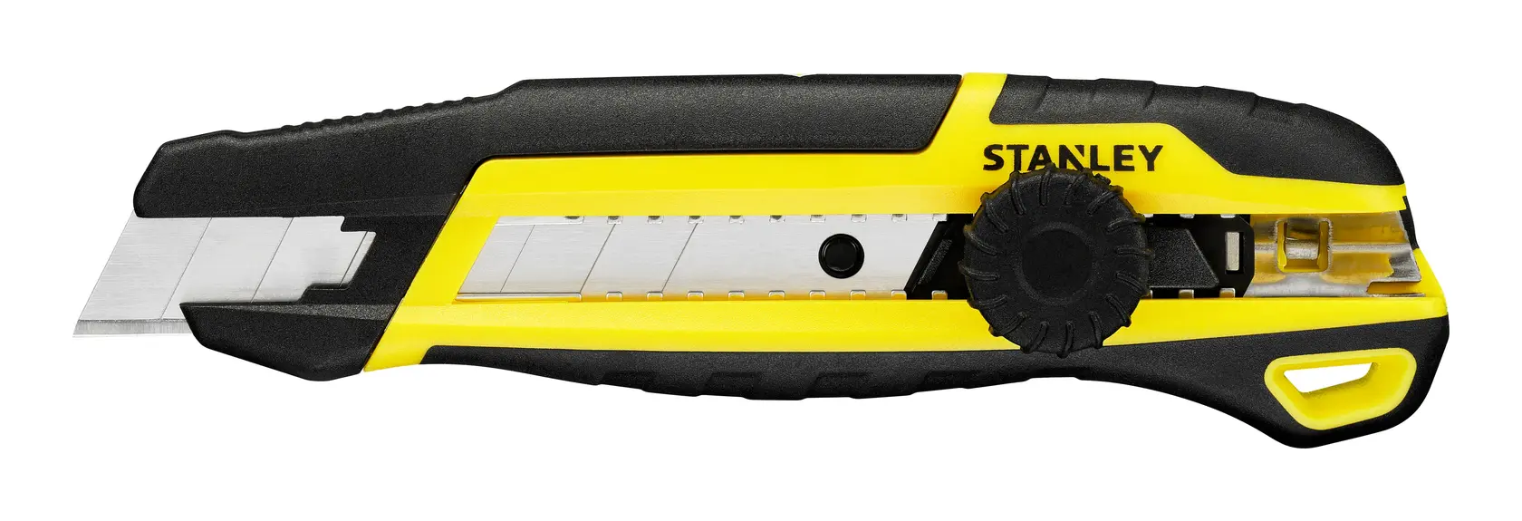 STANLEY STHT10500-0 utility knife, yellow and black, side angle on white background.