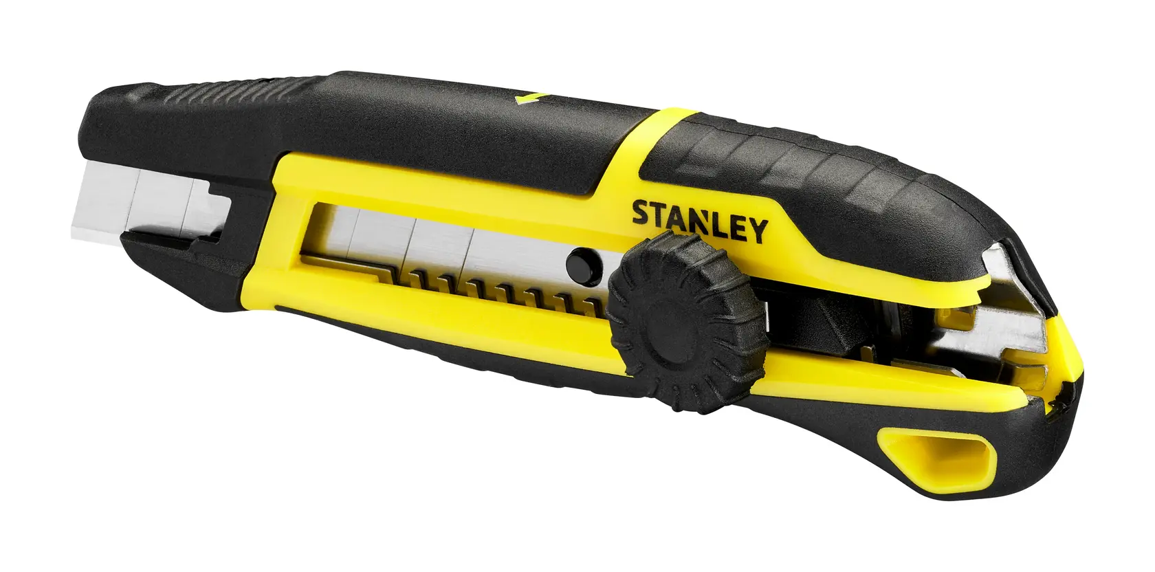 Stanley STHT10500-0 utility knife, black and yellow, side angle on white background.