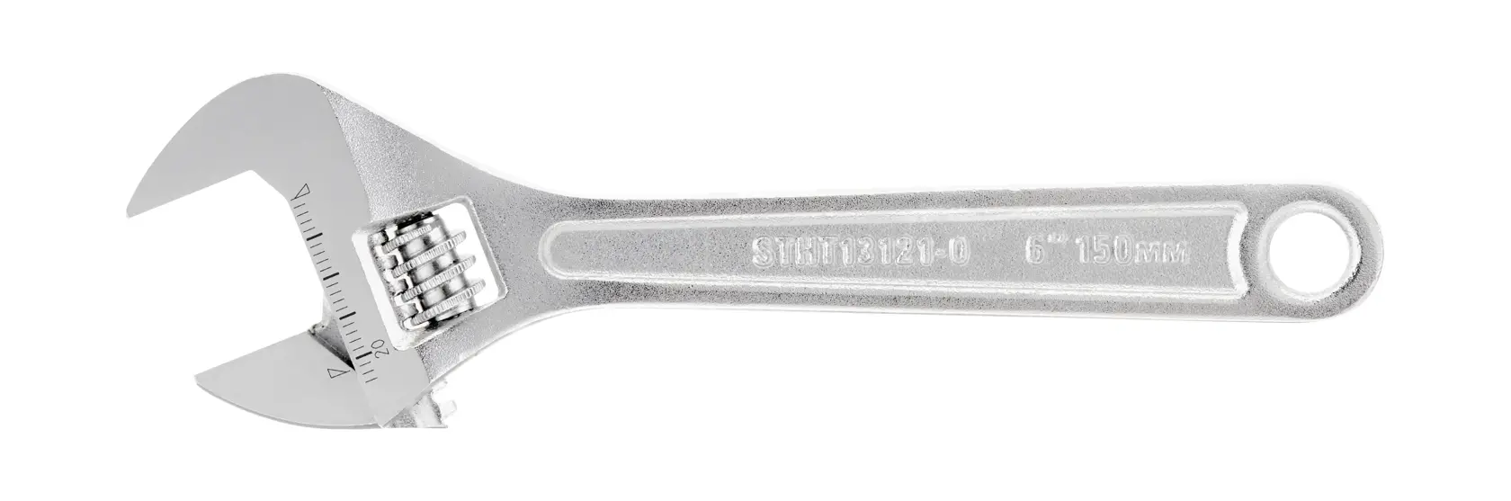 Silver adjustable wrench with measurement scale and hole in handle shown on white background.