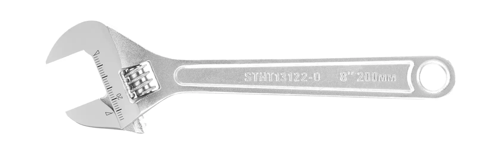 Adjustable silver wrench with measurement markings and hole at the handle, shown on a white background.