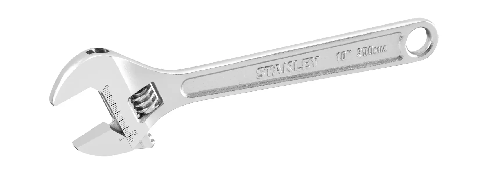 Silver adjustable wrench with STANLEY branding, 10 inch length, metal handle, and measurement markings on the jaw.