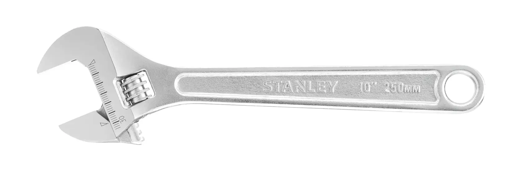 A STANLEY adjustable wrench with metric markings, 10 inches (250mm) in length, silver color, isolated on white.