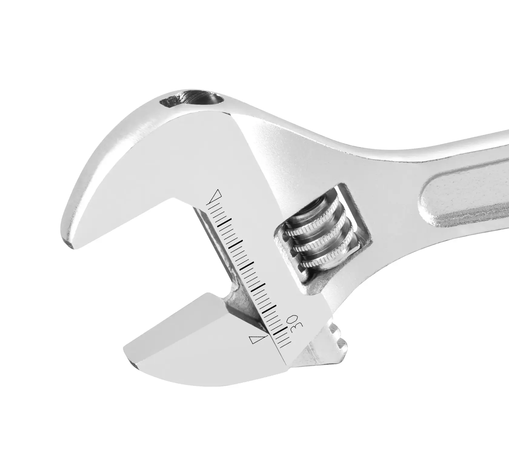 Close-up of an adjustable metal wrench with measurement scale on the jaw against a white background.