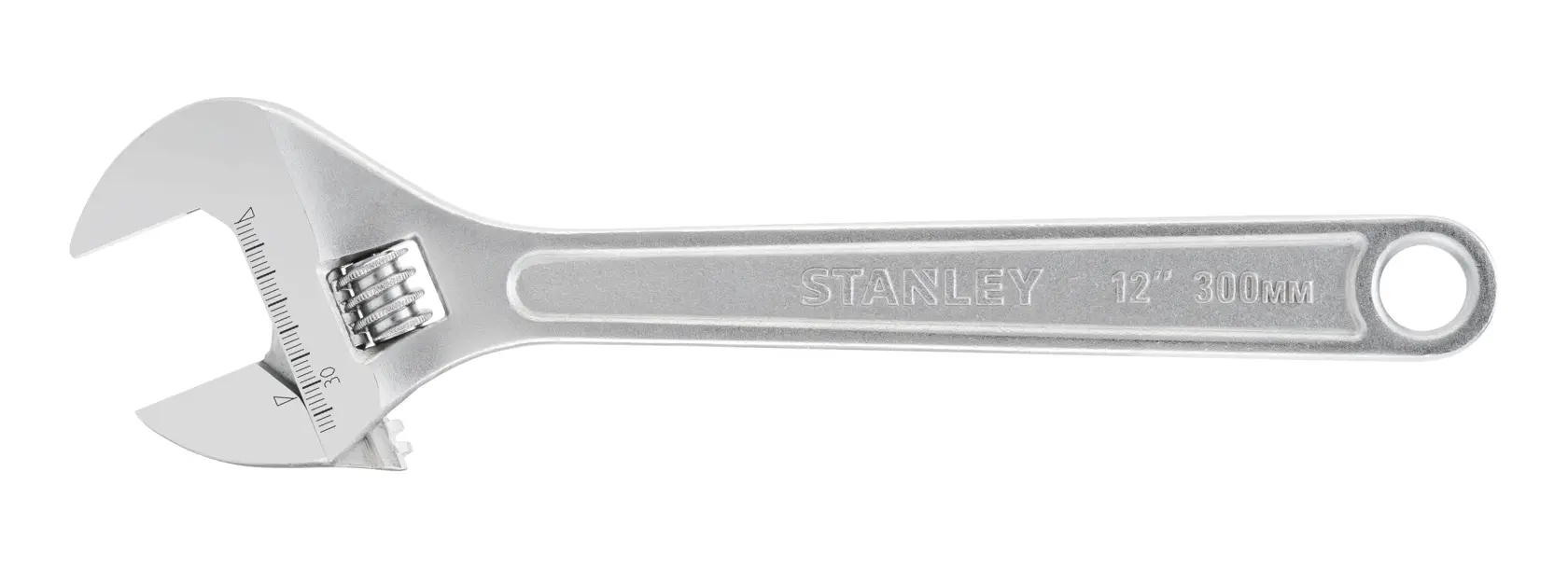 Silver adjustable wrench with STANLEY branding and measurement markings, 12-inch 300mm size.