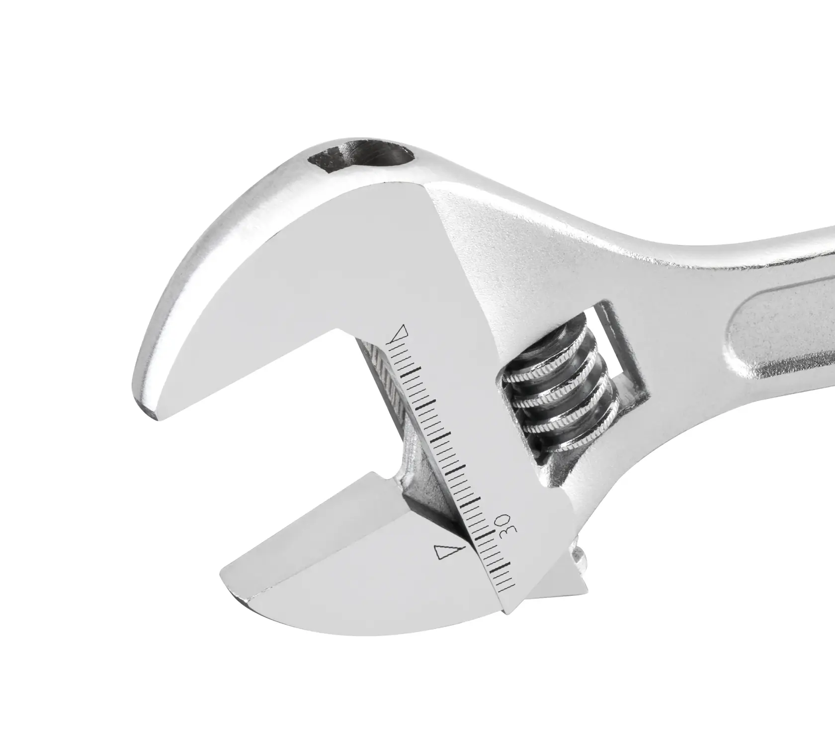 Close-up of a silver adjustable wrench with measurement scale on jaw, shown on a white background.