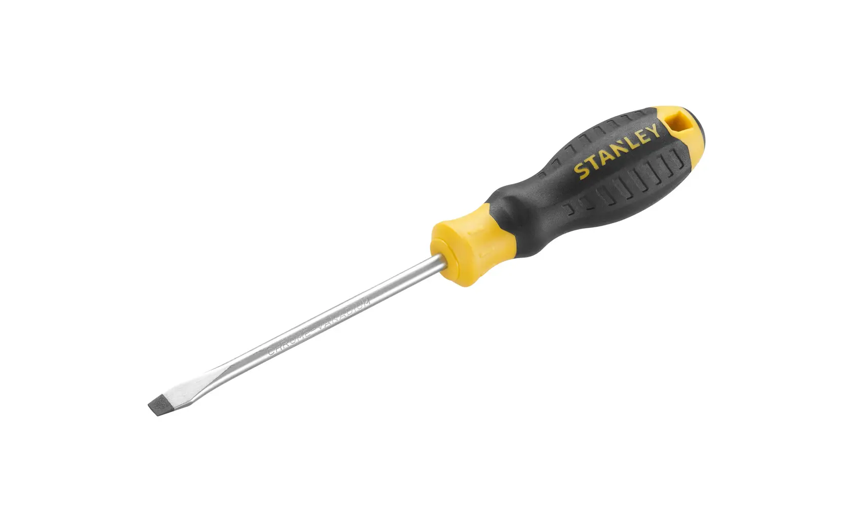 STANLEY STHT16146-0 flathead screwdriver with black and yellow handle, product on white background, side view.