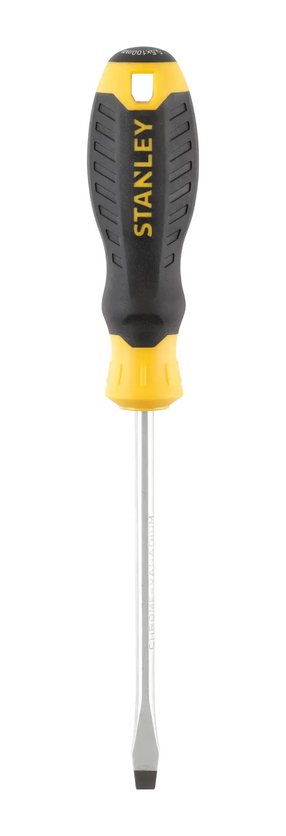 STANLEY STHT16146-0 flat head screwdriver, black and yellow handle, front angle, hand tool.