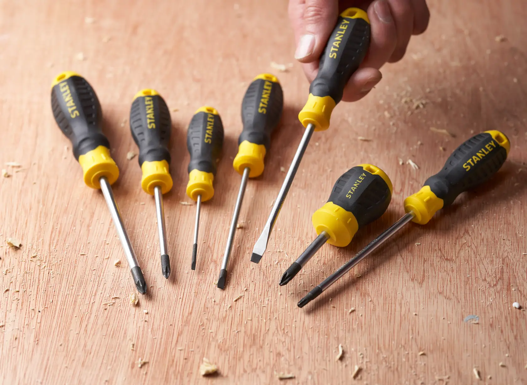 STANLEY STHT16146-0 screwdriver set with black and yellow handles on wooden surface, hand holding one tool.