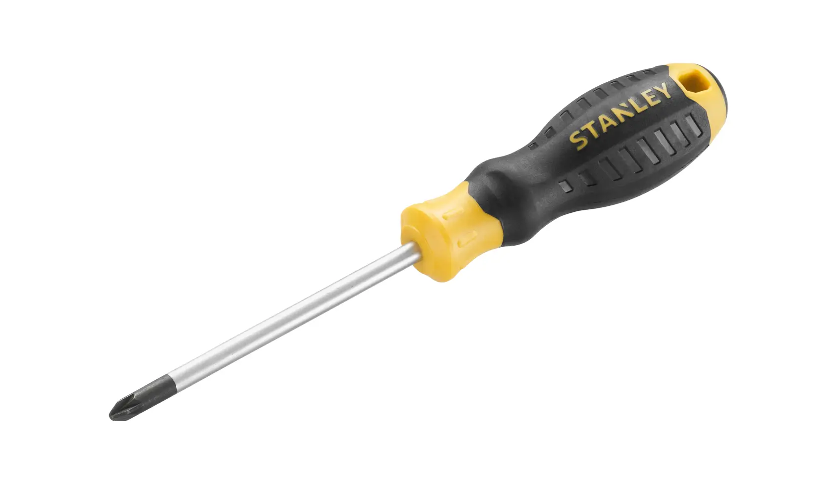 STANLEY STHT16163-0 Phillips screwdriver with black and yellow handle, side angle on white background.