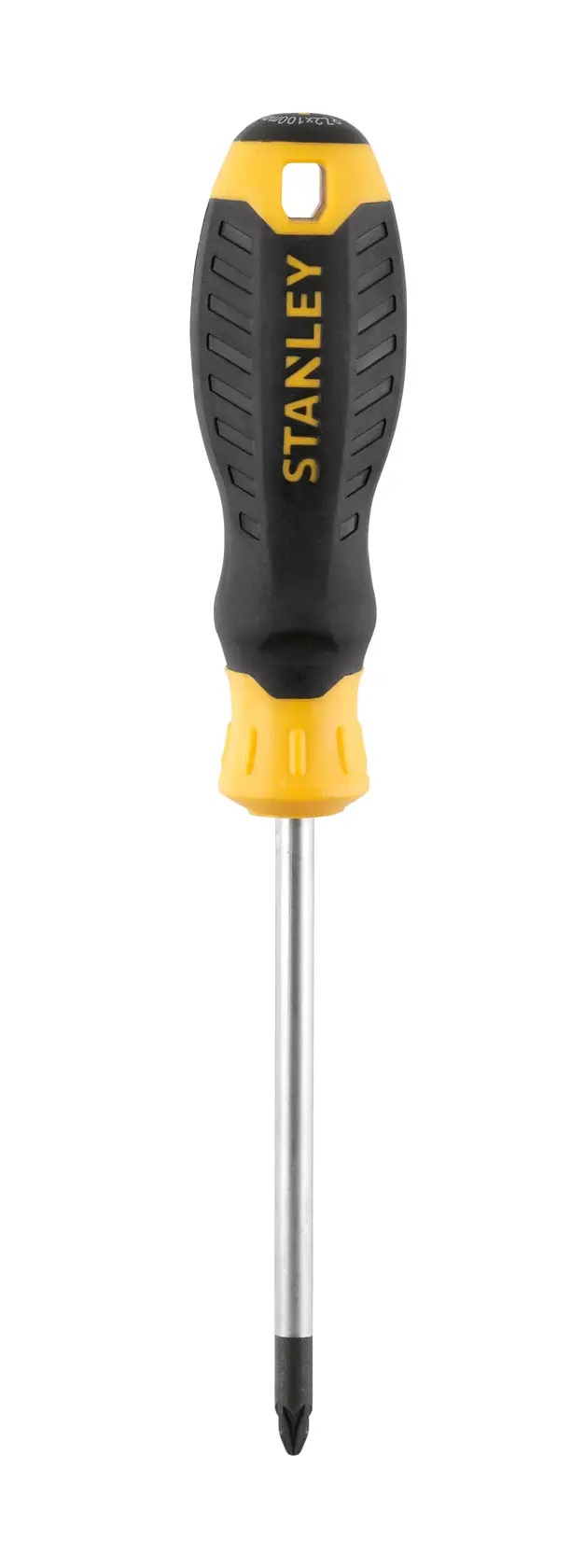 STANLEY STHT16163-0 Phillips screwdriver with black and yellow handle, front angle, on white background.