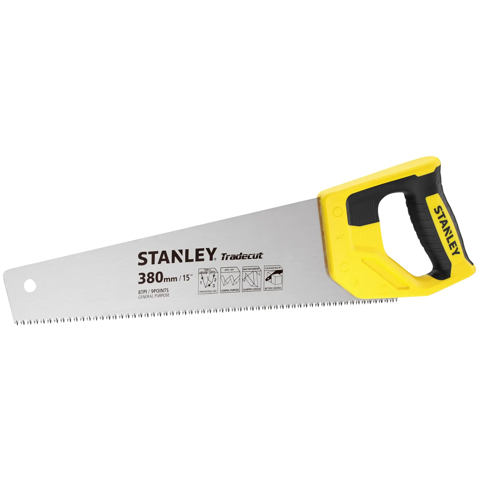 Photo of STANLEY STHT20348-1 hand saw with yellow and black handle, 380mm blade, product shown on white background.