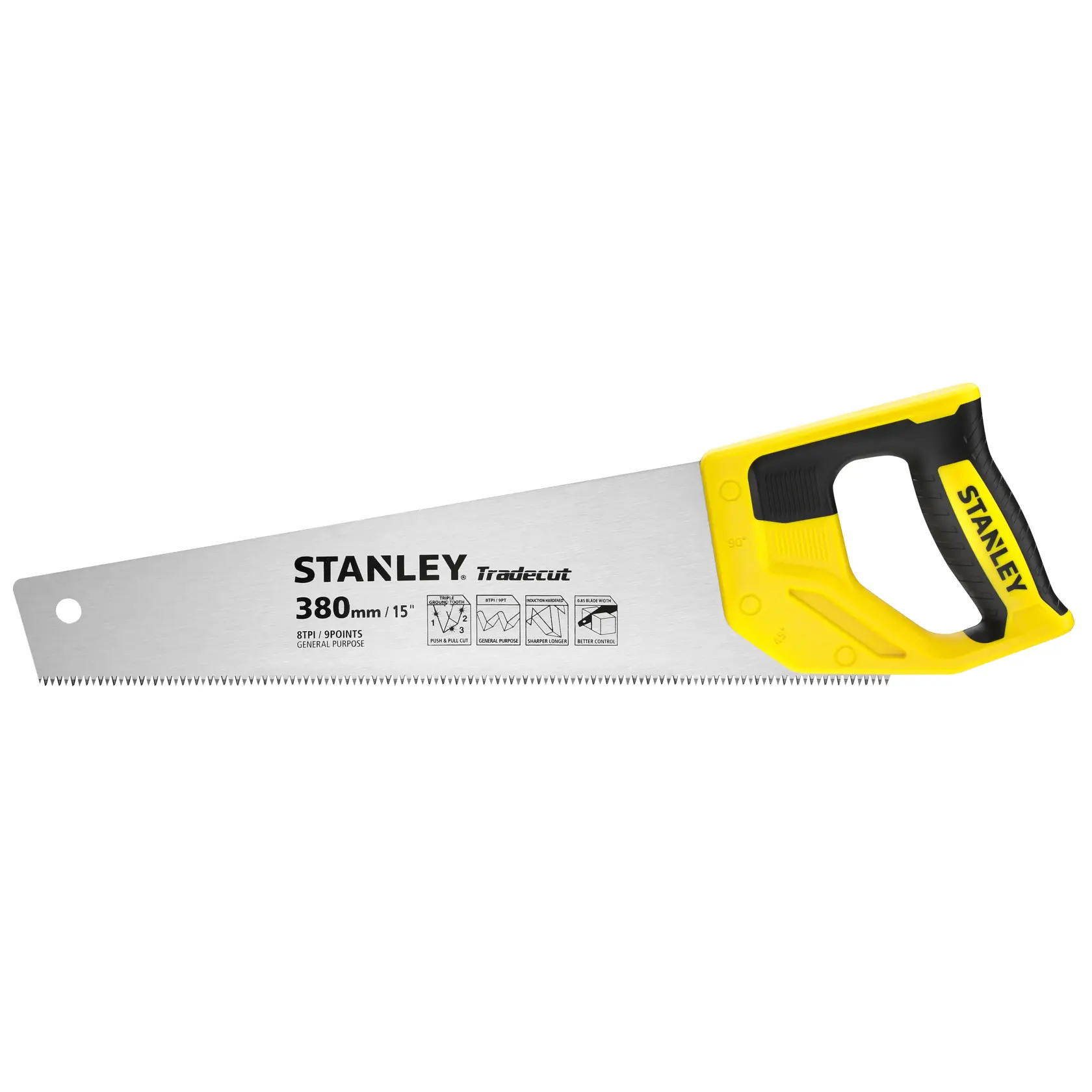 Photo of STANLEY STHT20348-1 hand saw with yellow and black handle, straight silver blade, left side view.