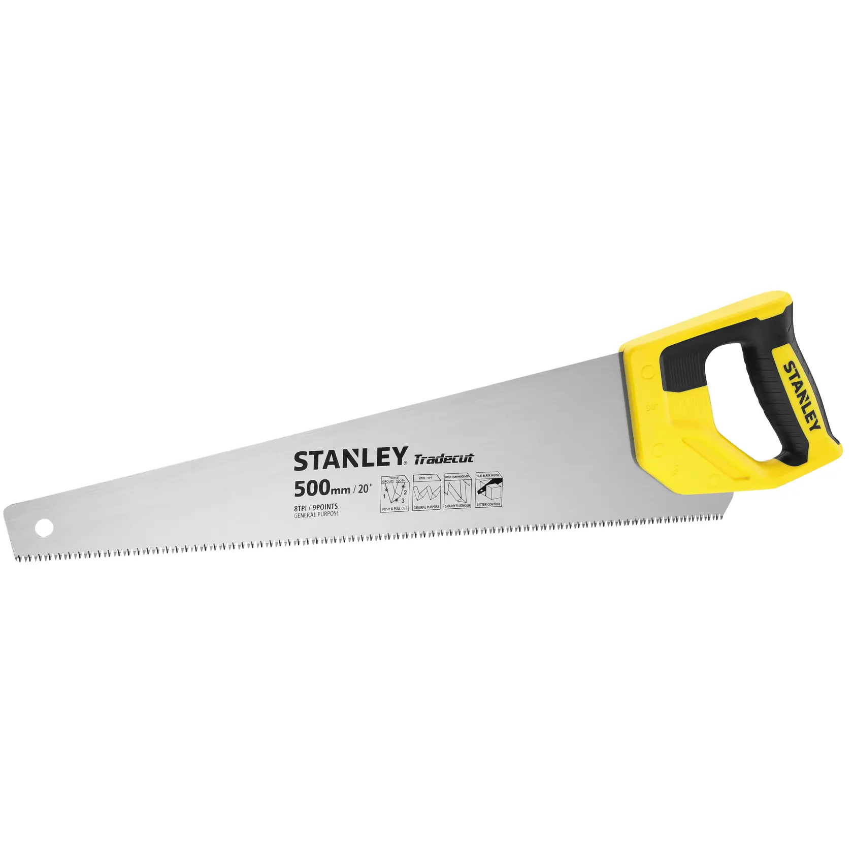 Photo of STANLEY STHT20350-1 hand saw with yellow and black handle, 500mm blade, side angle, on white background.
