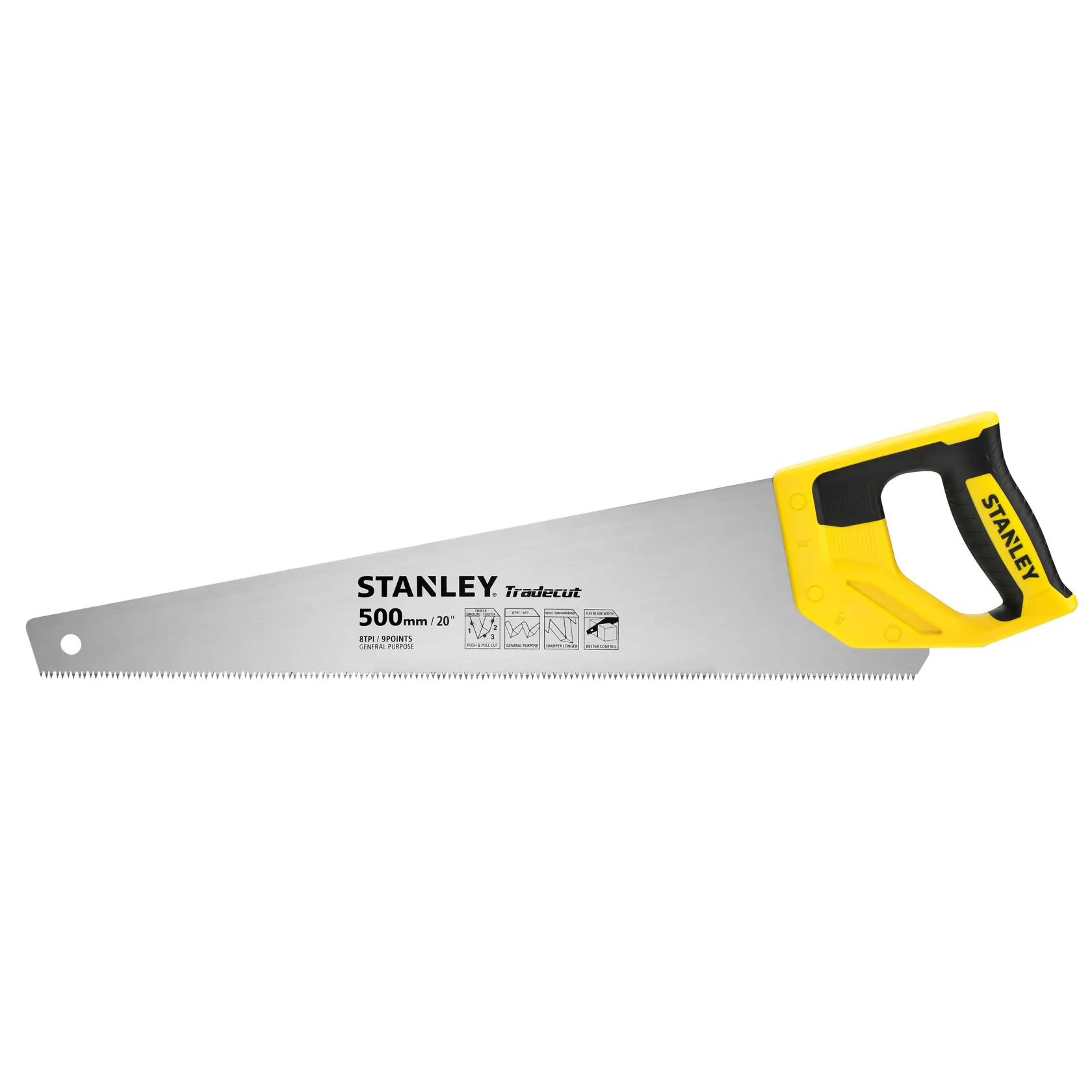 STANLEY handsaw with yellow handle, 500mm blade, used for cutting wood and general materials.