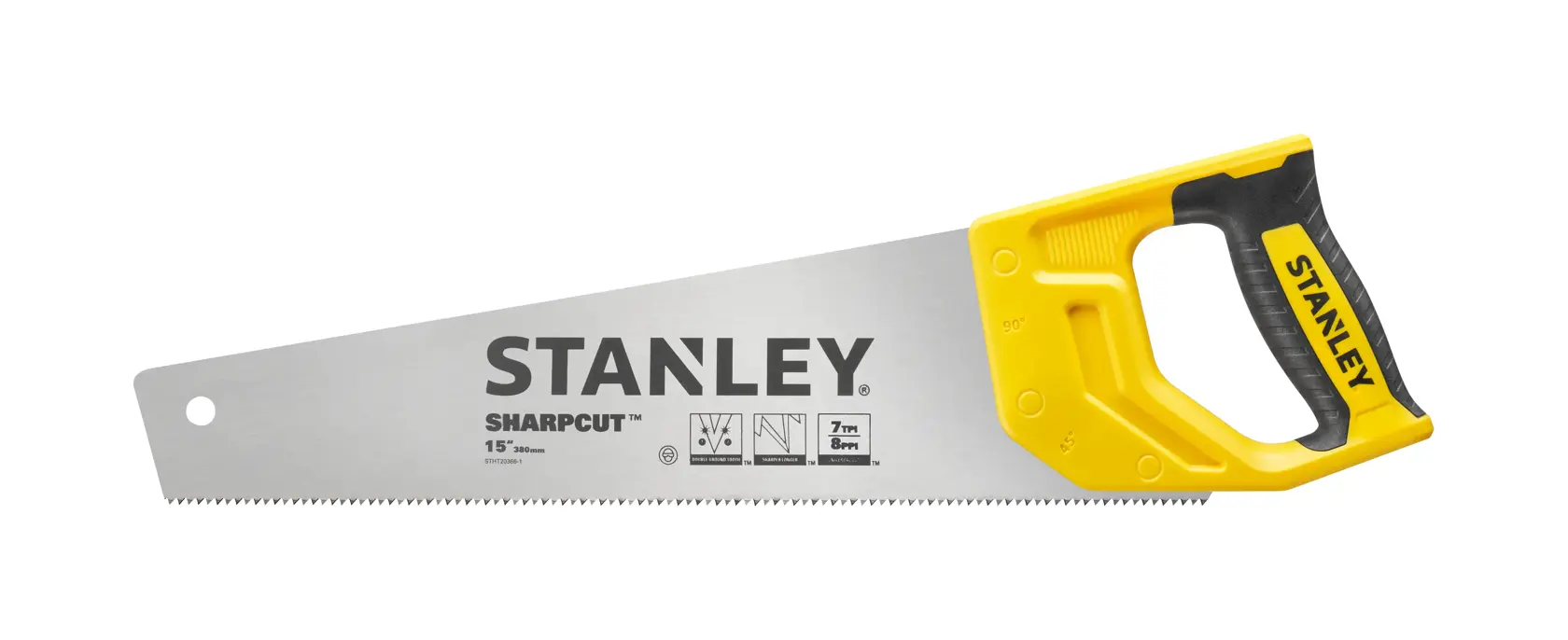 STANLEY STHT20366-1 hand saw with yellow and black handle, side angle on white background.