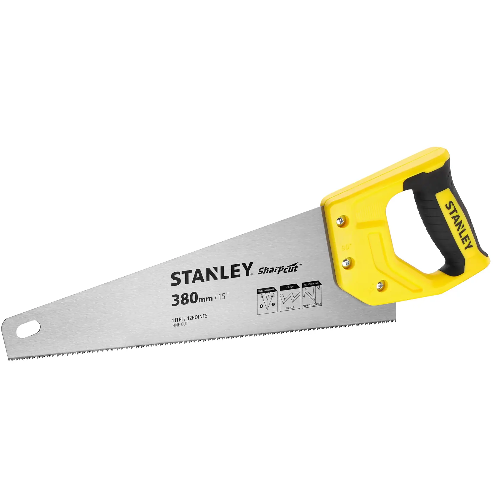 STANLEY STHT20369-1 hand saw with yellow and black handle, 380mm blade, side view on white background.