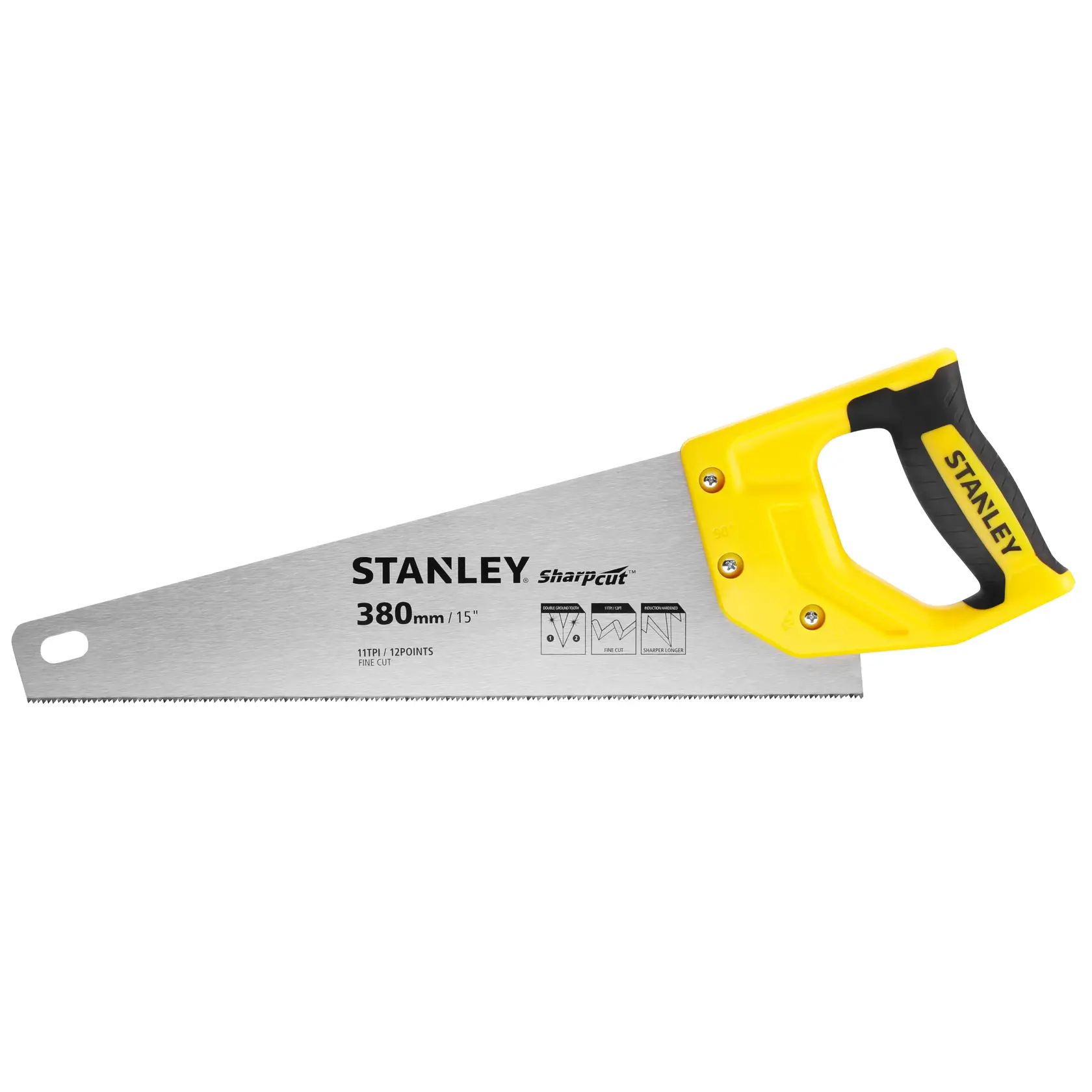 Photo of STANLEY STHT20369-1 hand saw with yellow and black handle, 380mm blade, white background, product side view.