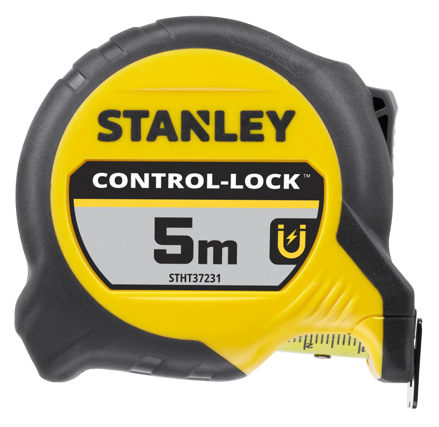 STANLEY STHT37231-0 Maßband 5m, gelb und schwarz, CONTROL-LOCK, Vorderansicht auf weißem Hintergrund.