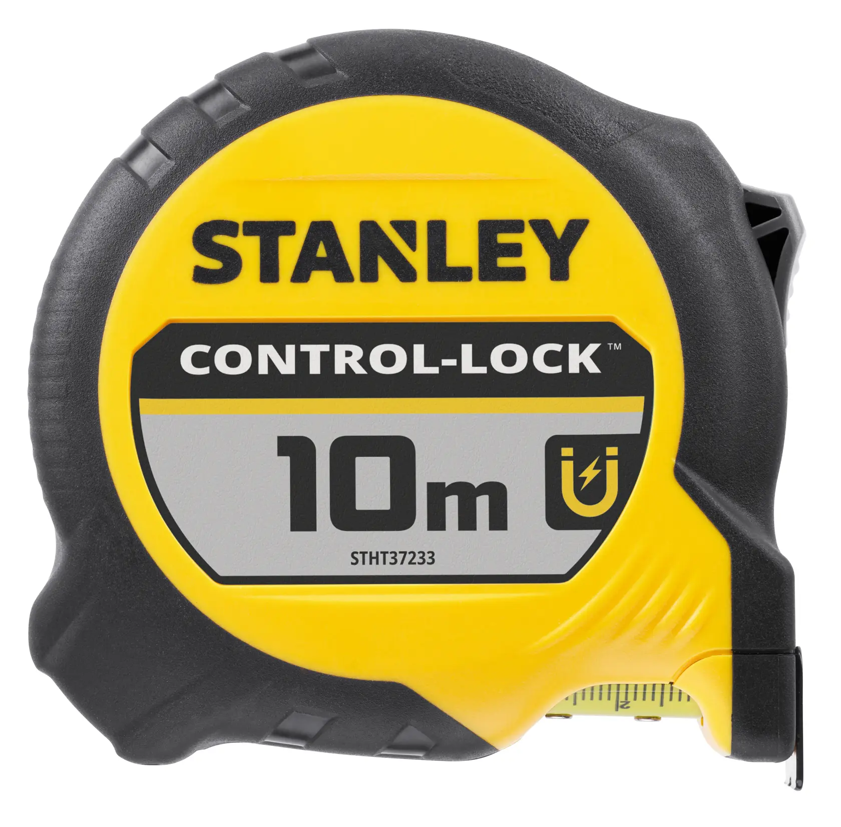 Foto des STANLEY STHT37233-0 Maßbands, 10m Control-Lock, gelb und schwarz, Vorderansicht.