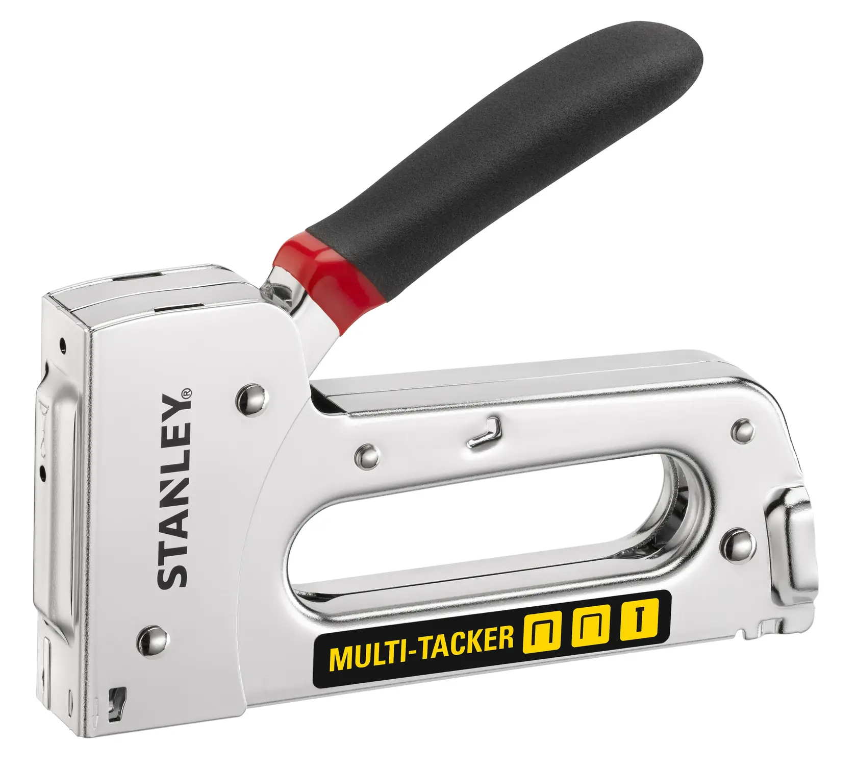 STANLEY STHT6-70410 chrome multi-tacker stapler, angled view, black cushioned handle, yellow label.