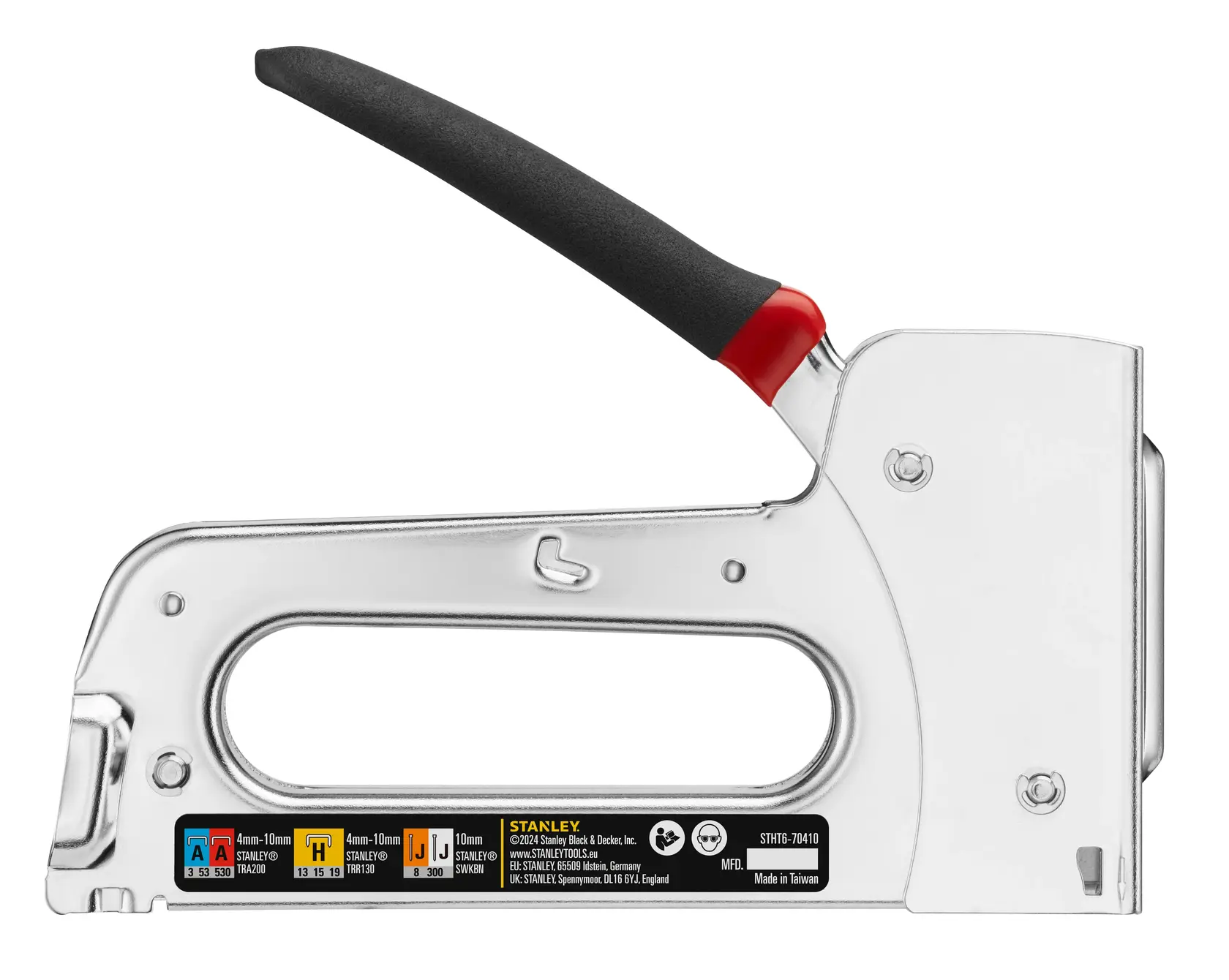 STANLEY STHT6-70410 silver manual staple gun with black handle, side view on white background.