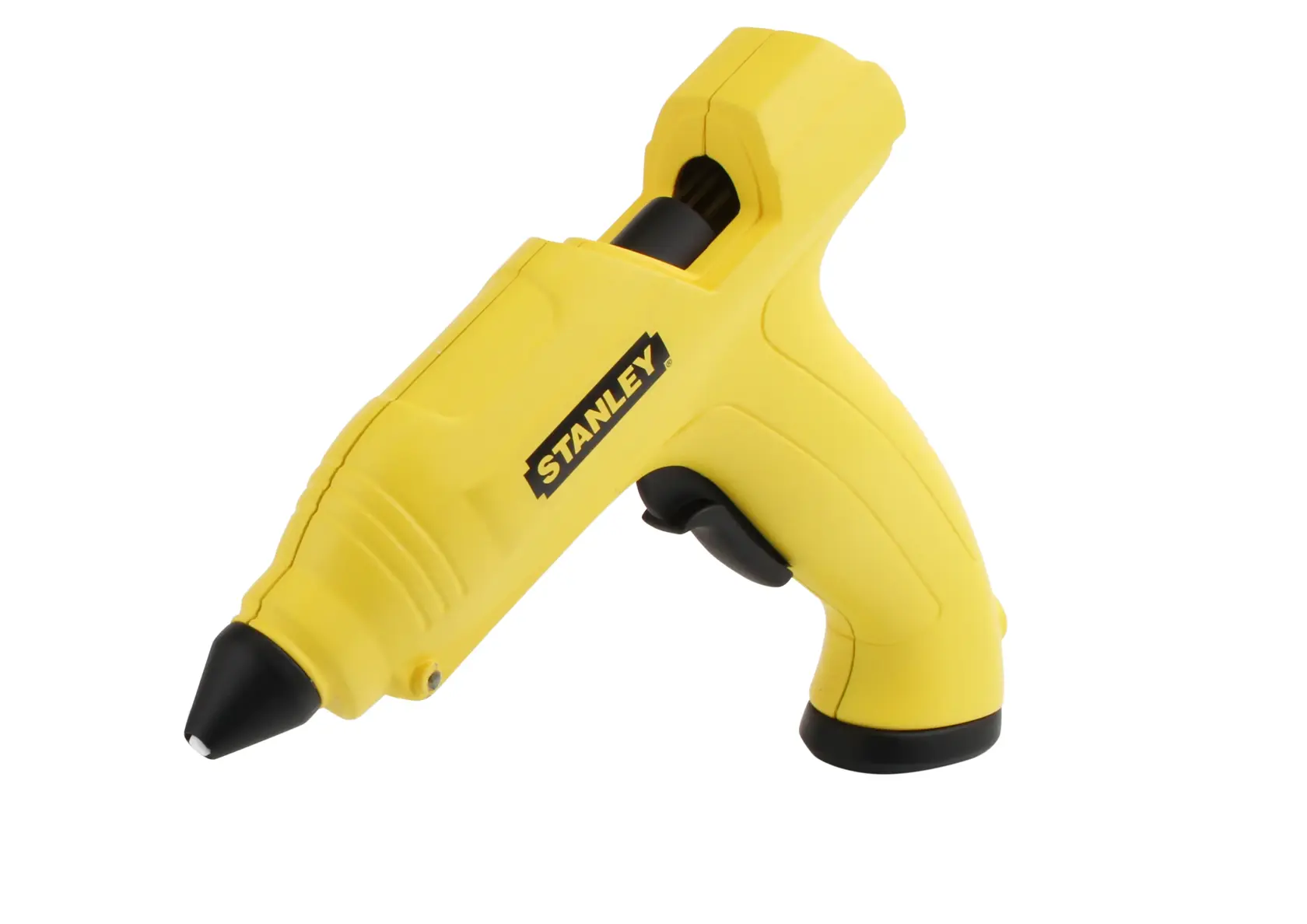 STANLEY STHT6-70416 yellow hot glue gun, side angle on white background, compact plastic design.