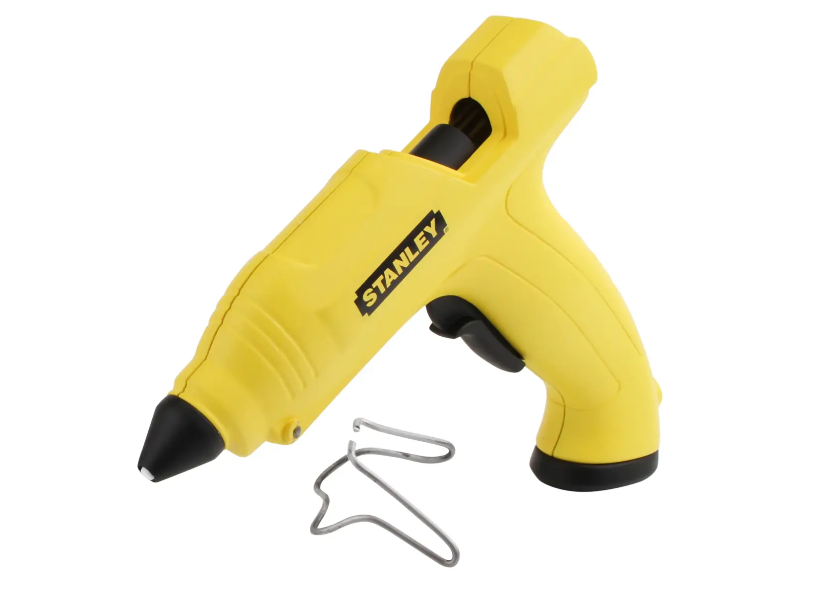 Stanley STHT6-70416 yellow glue gun with stand, side angle on white background.