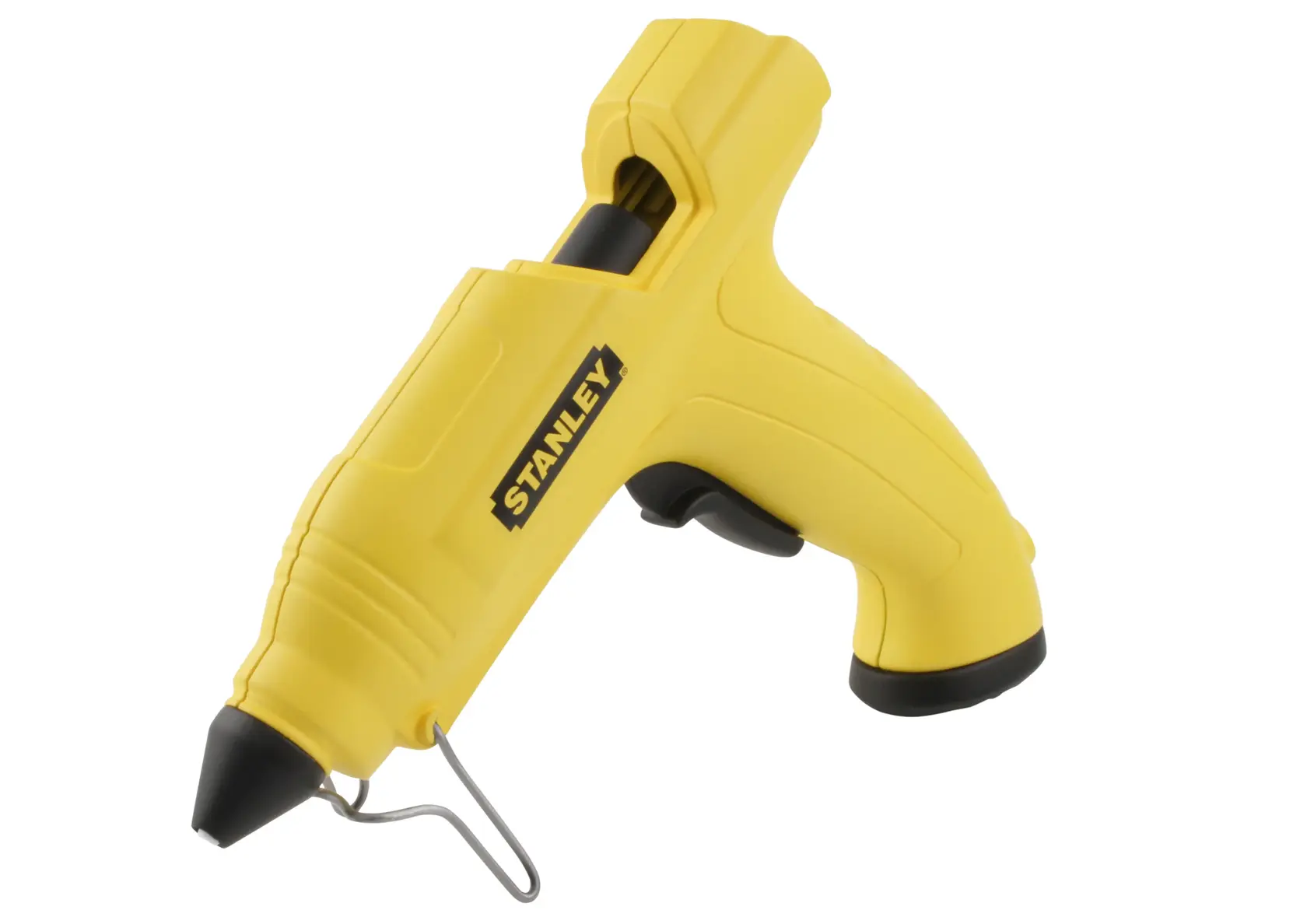 STANLEY STHT6-70416 yellow glue gun with black tip, side angle on white background.
