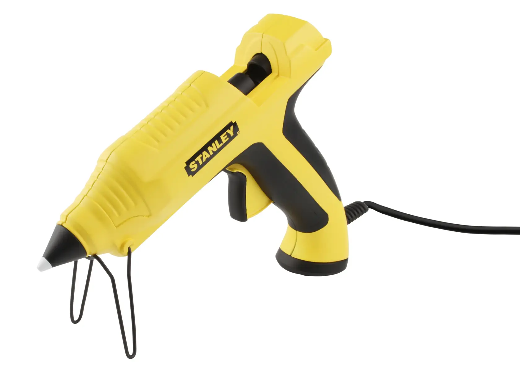 Yellow Stanley electric hot glue gun with stand and cord, shown on a white background.