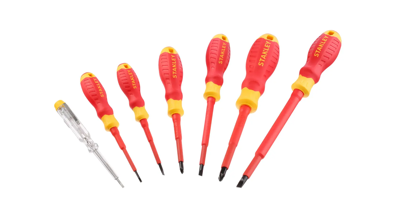 STANLEY STHT60031-0 insulated screwdriver set, seven pieces, red and yellow handles, frontal view.