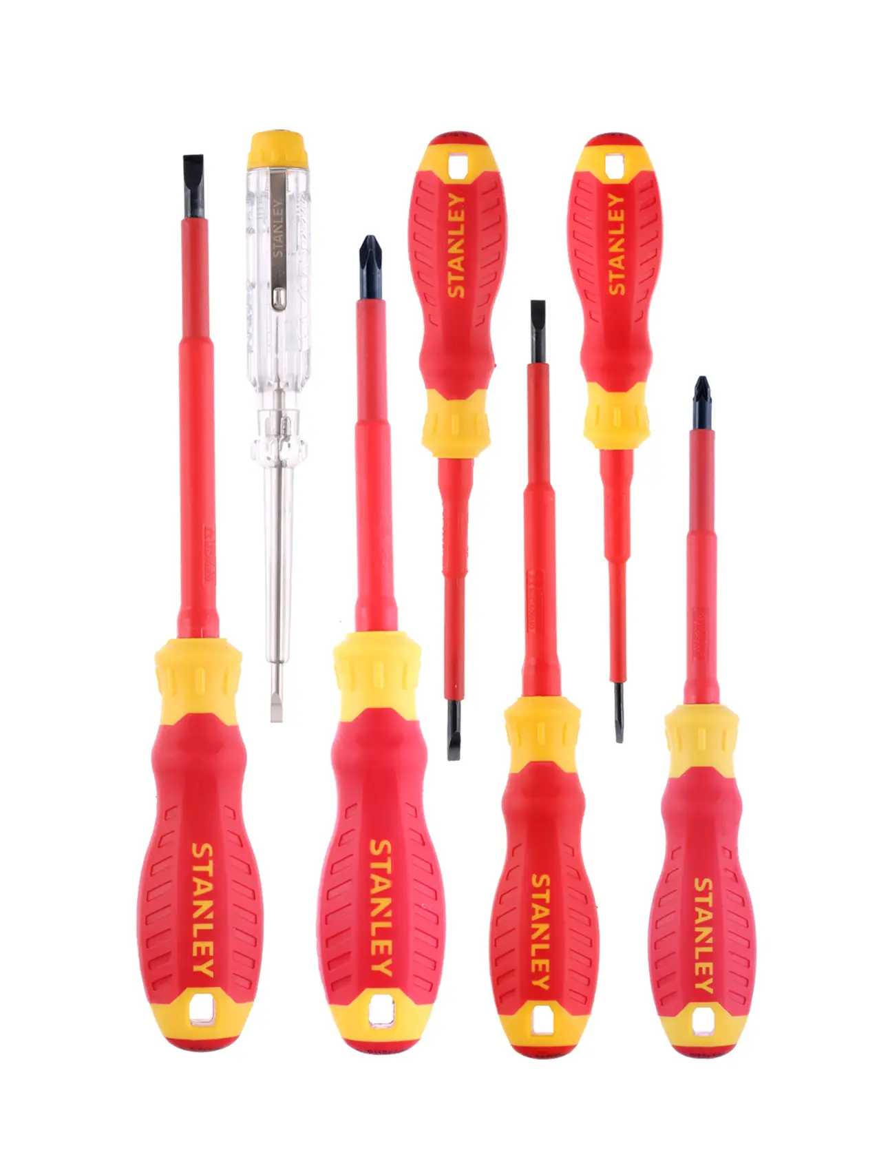 STANLEY STHT60031-0 screwdriver set with red and yellow handles, photographed from front on white background.
