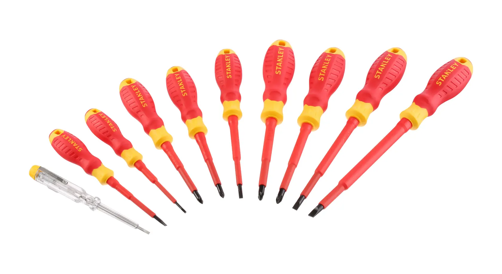 STANLEY STHT60032-0 screwdriver set with red and yellow handles, photo from above on white background.