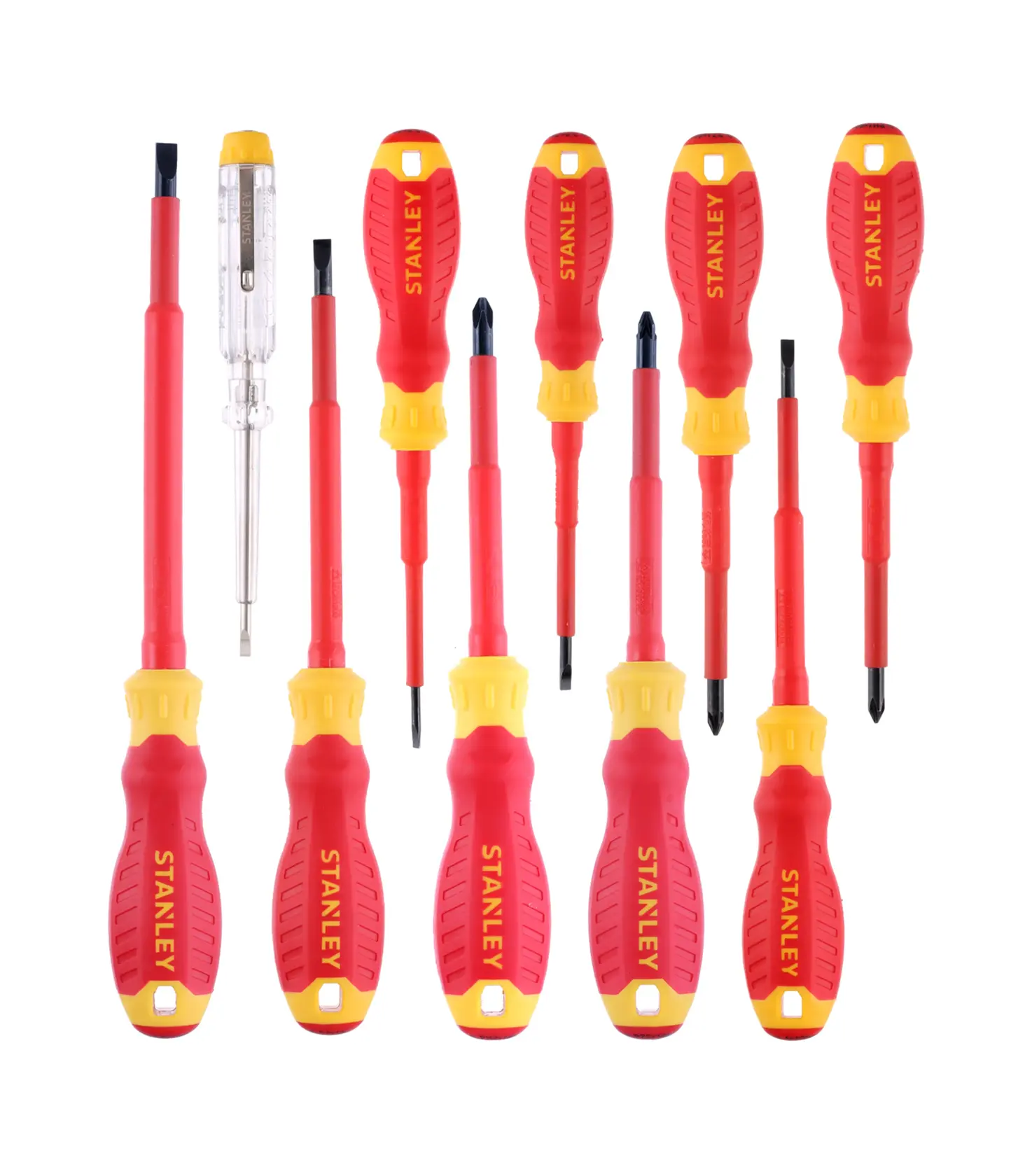 Stanley insulated screwdriver set with red and yellow handles, including a voltage tester, arranged in a row.