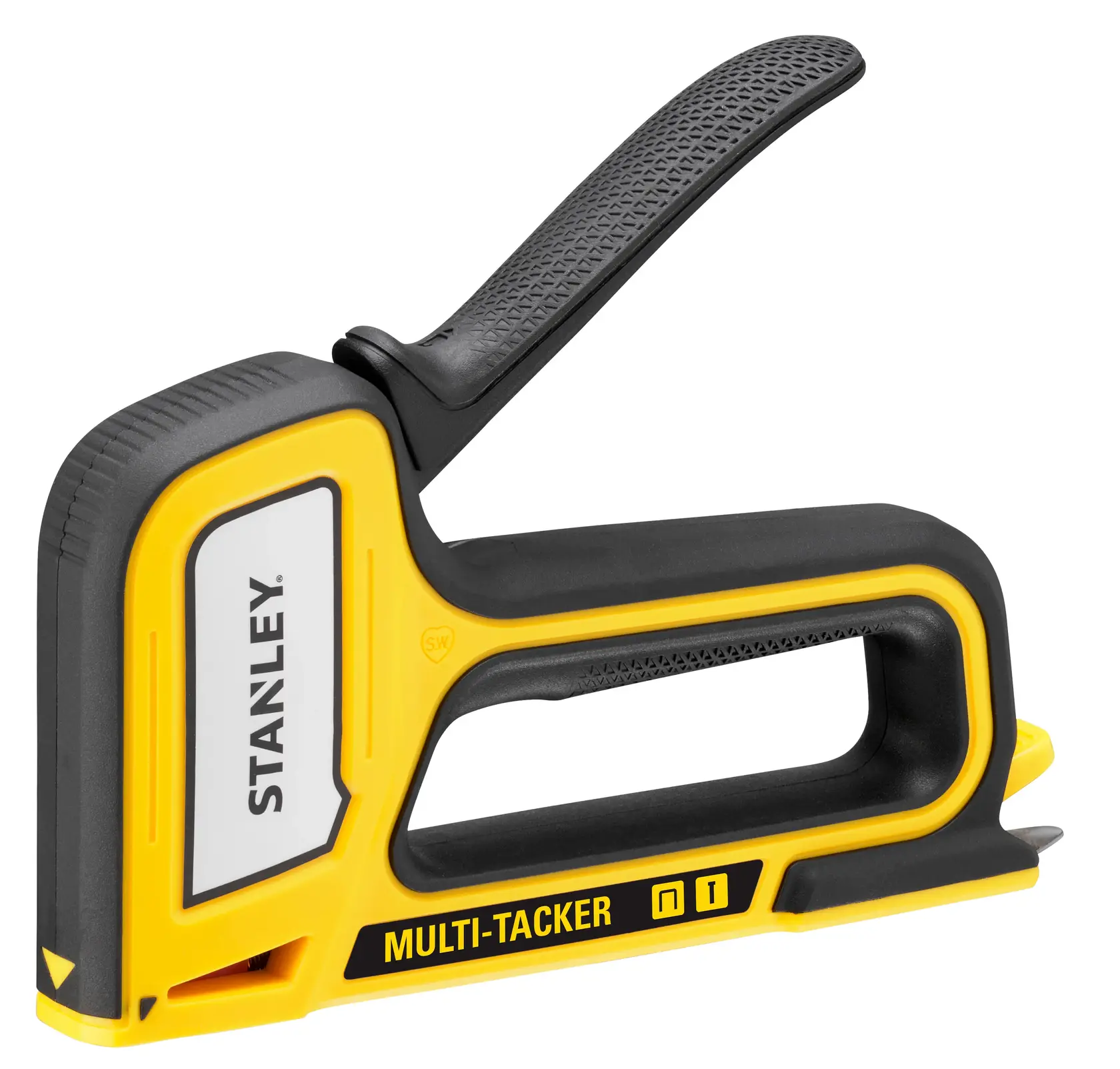STANLEY STHT70440-0 Multi-Tacker stapler, yellow and black, side angle on white background.
