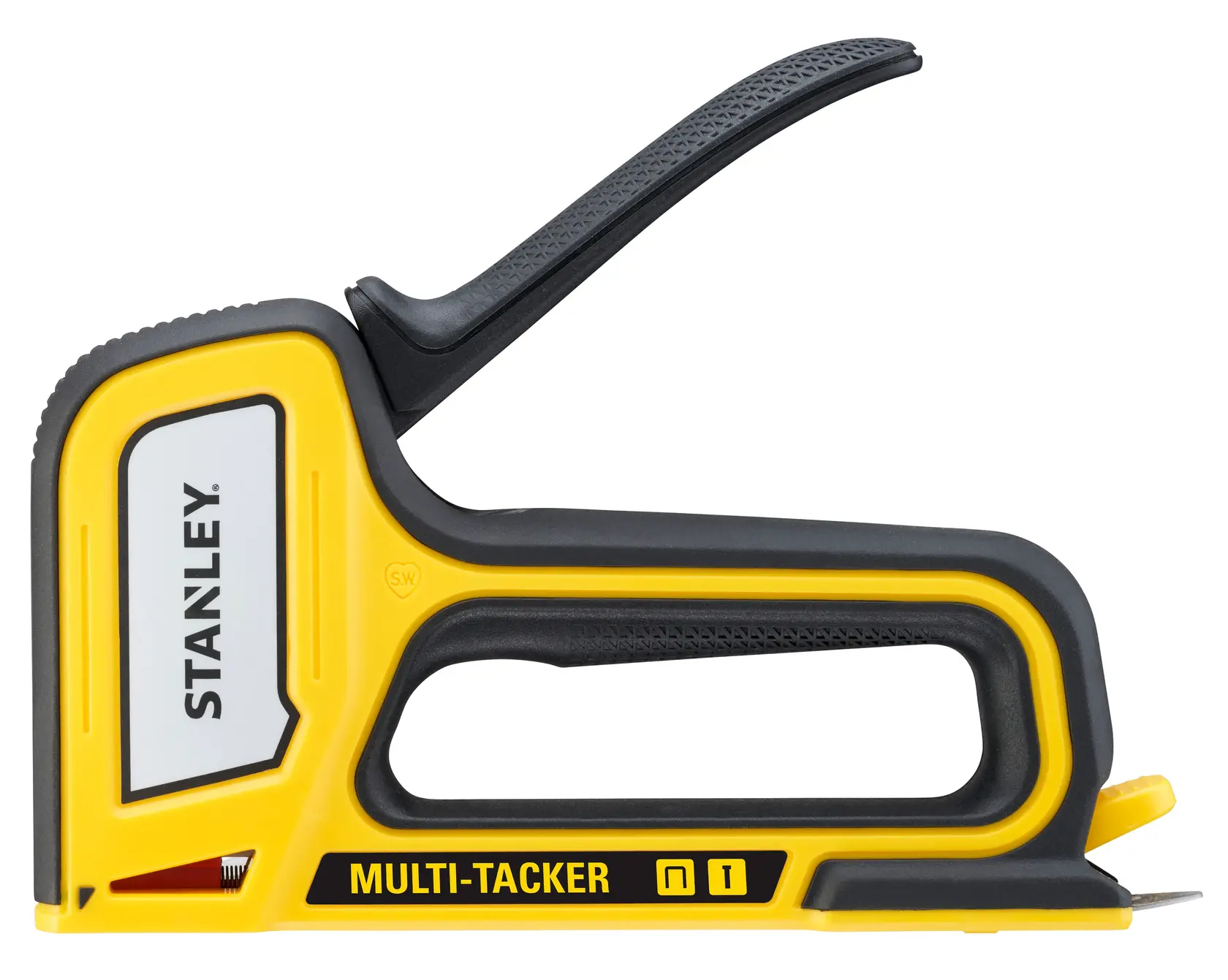 STANLEY STHT70440-0 multi-tacker stapler, yellow and black, left side angle, white background.